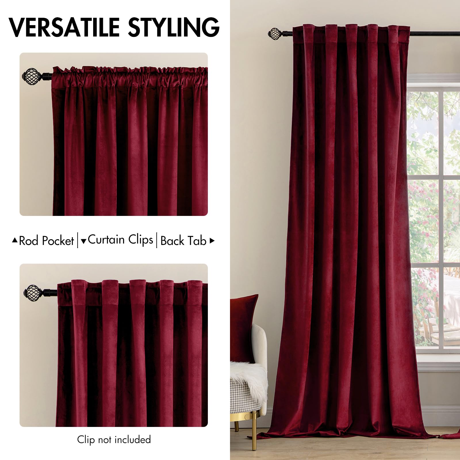 Miulee Velvet Curtains 108 Inches Long 2 Panels - Luxury Blackout Curtains For Bedroom Living Room Thermal Insulated Super Soft Christmas Decor Window Drapes Rod Pocket & Back Tab, Burgundy Red