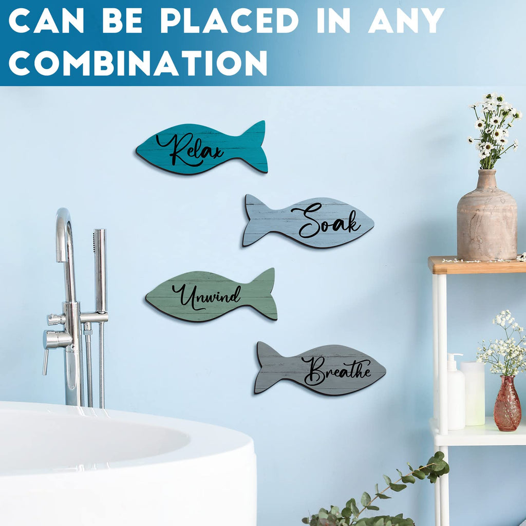 4 Pcs Beach Bathroom Decor Wooden Fish Wall Decor Coastal Bathroom Decor Wall Art Sign Relax Soak Unwind Coastal Wall Decor Fish