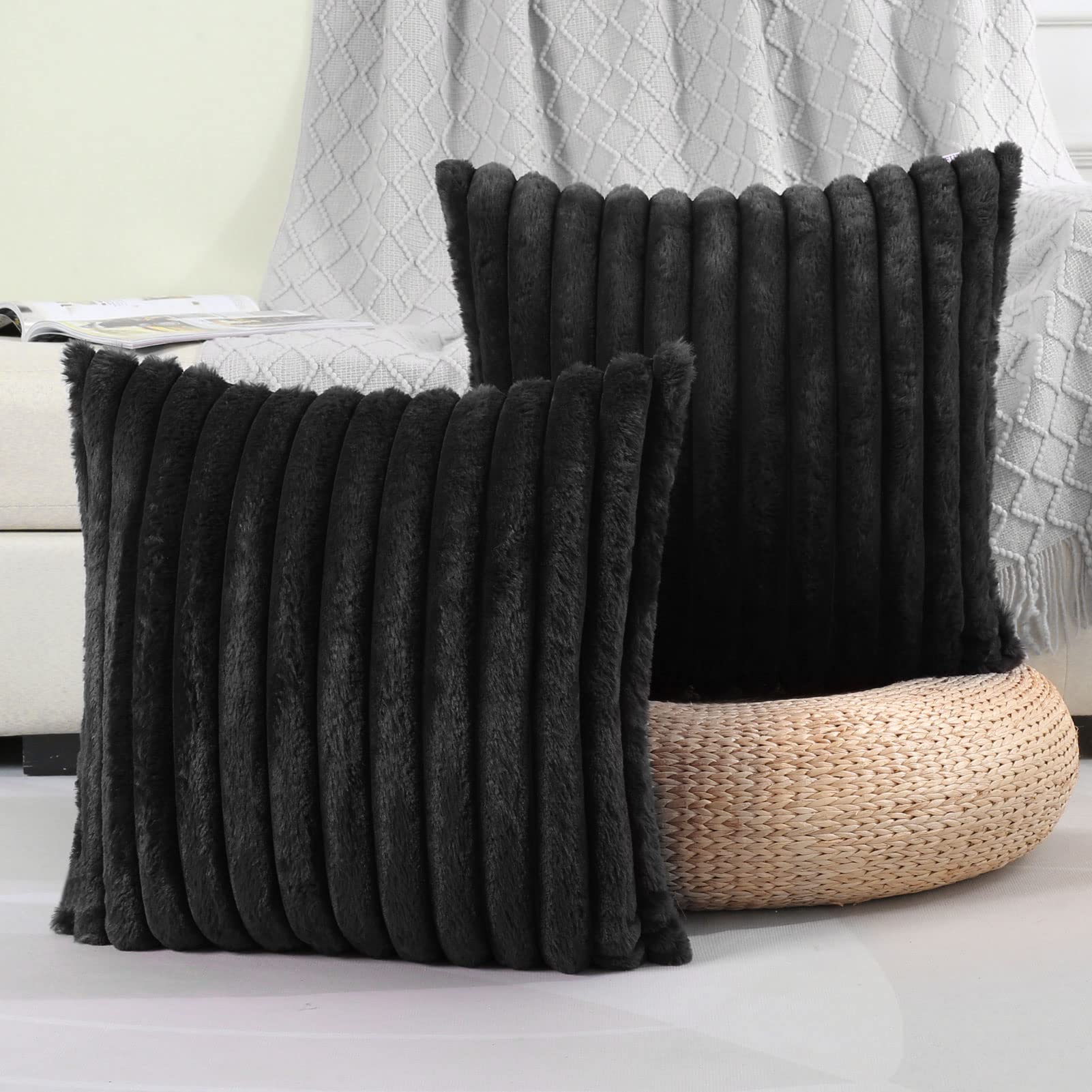 Futei Black Striped Decorative Throw Pillow Covers 14X14 Inch Set Of 2,Square Winter Decorations Couch Pillow Case,Soft Cozy Fau