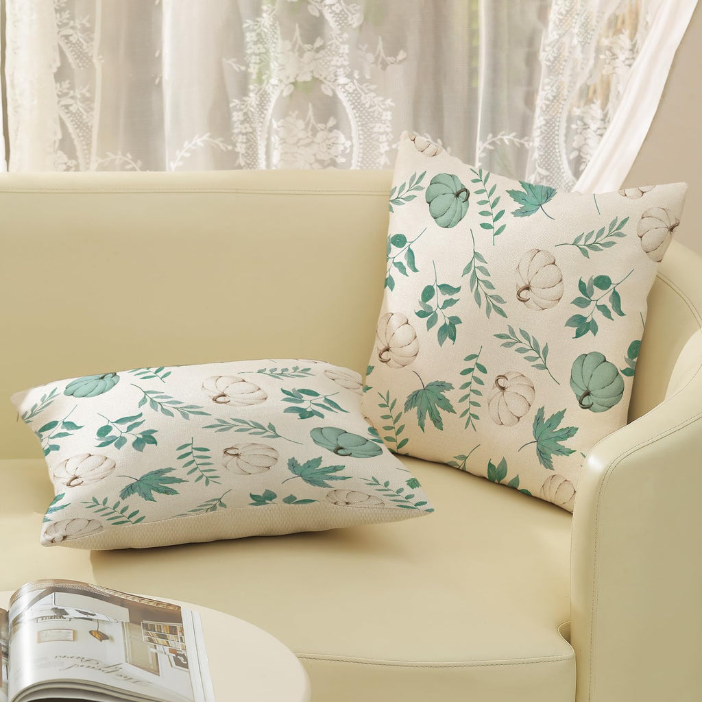 Gohdiwh Fall Pillow Covers 18X18 Set Of 2 Aqua Green White Pumpkin Maple Leaves Pillowcase For Home Fall Decor Throw Pillow Cove