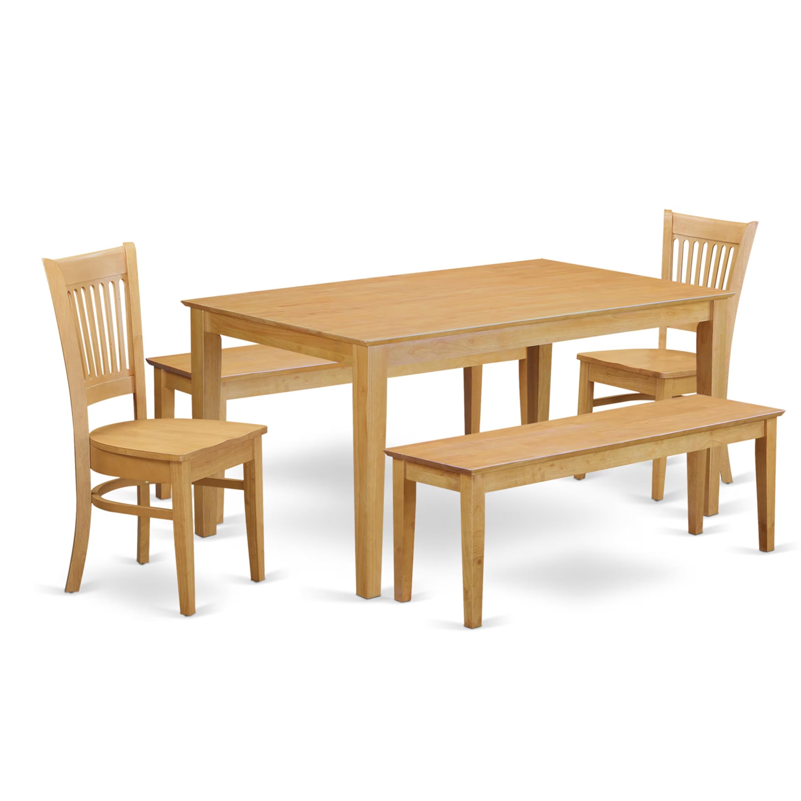 East West Furniture CAVA5C-OAK-W 5 Piece Dining Room Table Set Includes a Rectangle Kitchen Table and 2 Dining Chairs with 2 Benches, 36x60 Inch, Oak