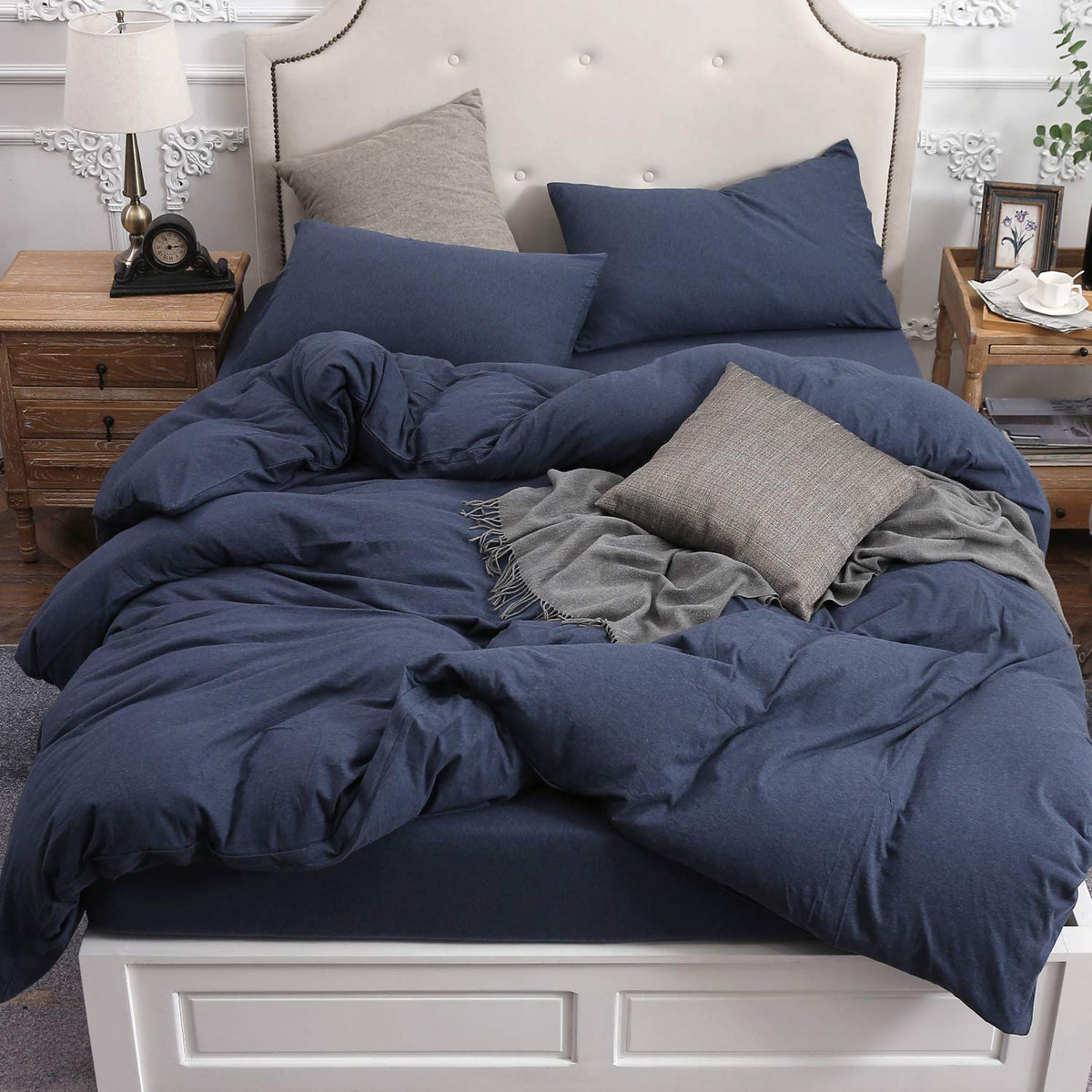 Pure Era Jersey Knit Duvet Cover Set 100% T-Shirt Cotton Super Soft Comfy 3Pc Bedding Set With Zipper Closure (Heather Navy Blue