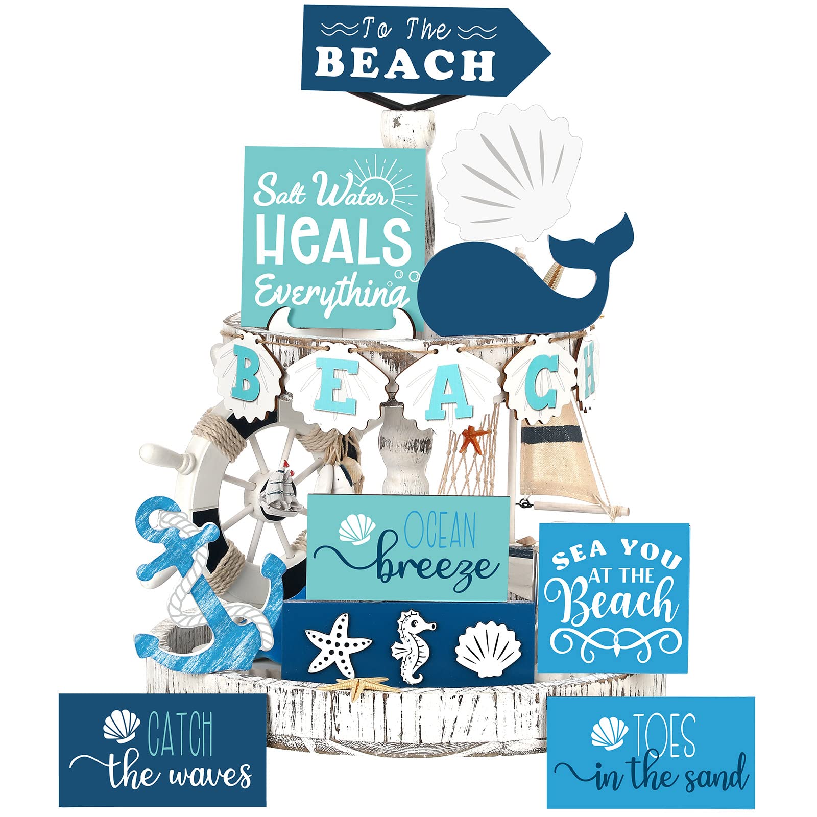 15 Pieces Summer Beach Tiered Tray Decor Set Farmhouse Ocean Wood Sign Rustic Beach Tiered Tray Decorations for Outdoor Kitchen 