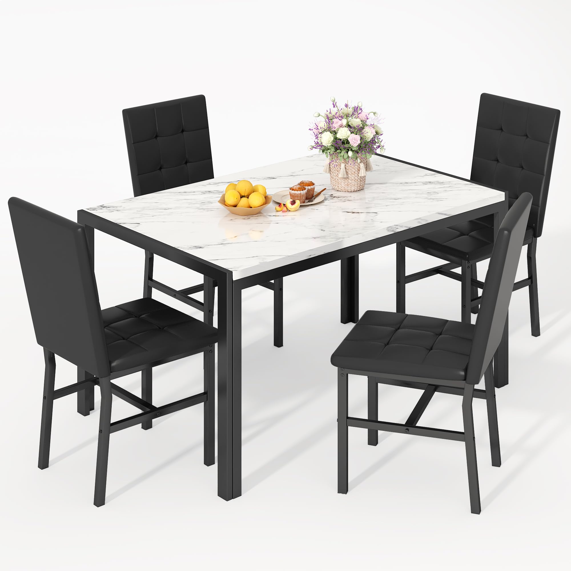 Awqm Products 5-Piece Marble Dining Set, Modern Kitchen Table And Chairs For Dining Room, Dinette, Compact Space Saving Furnitur