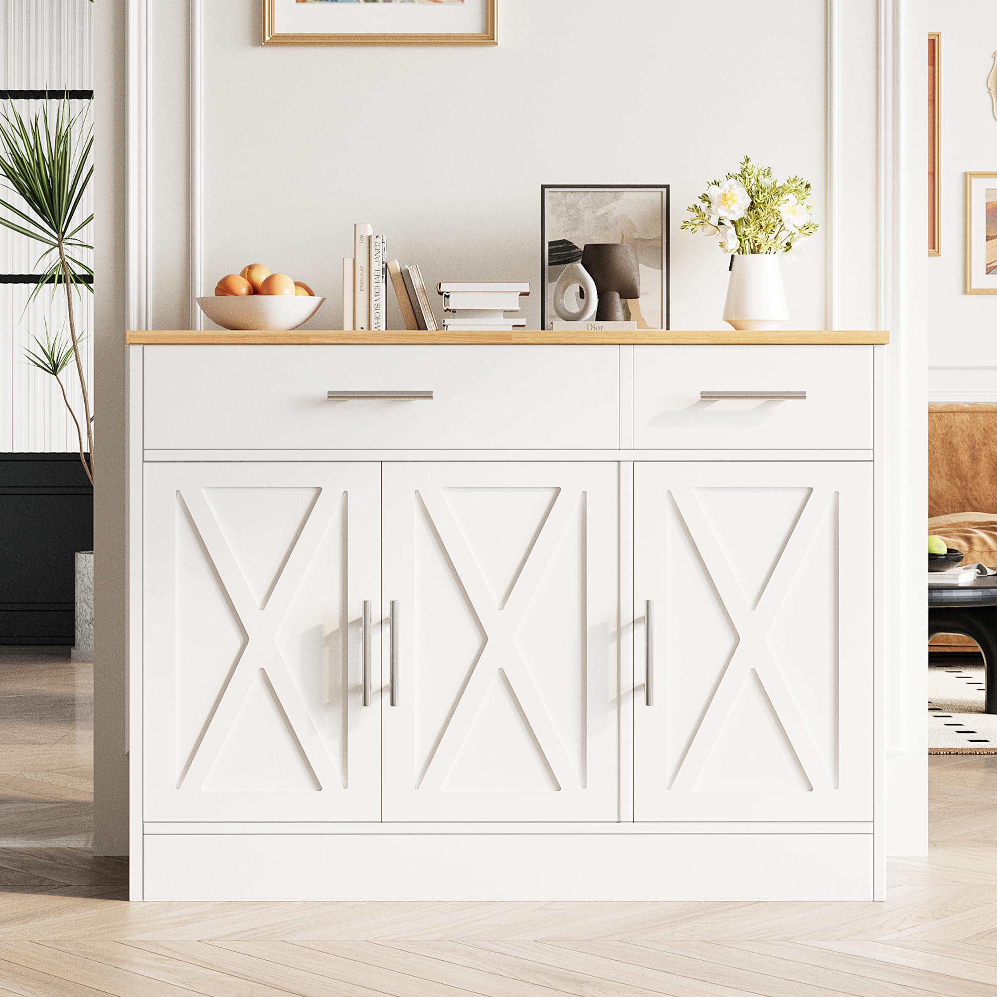 Vongrasig 43    Sideboard Buffet Cabinet with Storage, Farmhouse Coffee Bar with Drawers and Shelves, Wood Buffet Table for Kitc