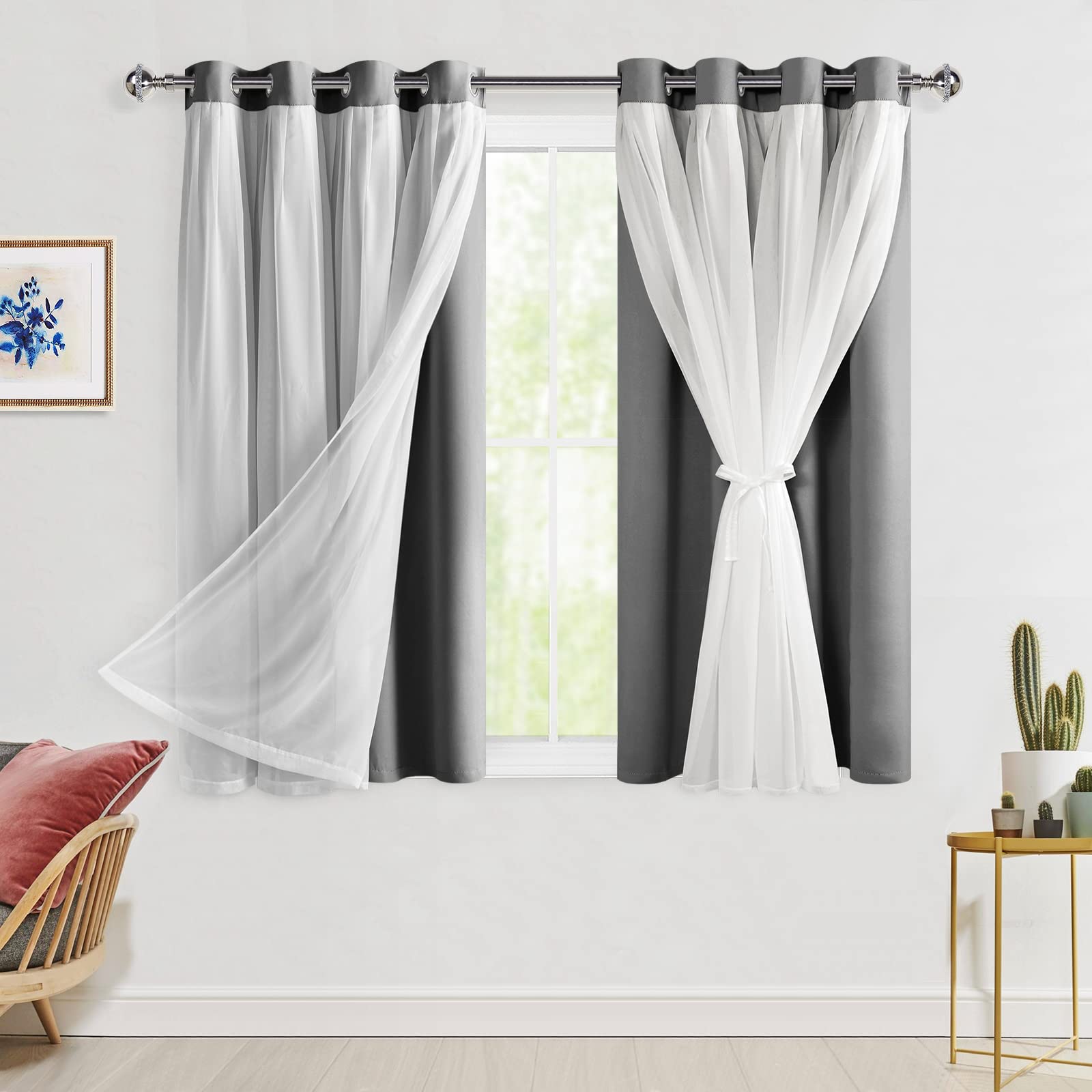 Hiasan Grey Blackout Curtains with Sheer Overlay, Grommet Thermal Insulated Privacy Mix and Match Double Layer Window Curtains f