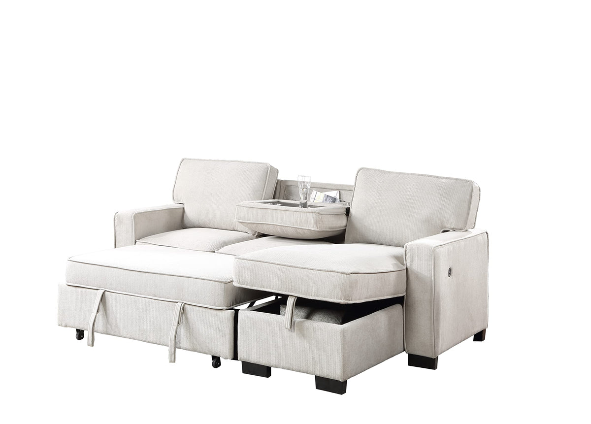 Lilola Home Estelle 86.5" Beige Fabric Reversible Sleeper Sectional with Storage Chaise Drop-Down Table 2 Cup Holders and 2USB Ports