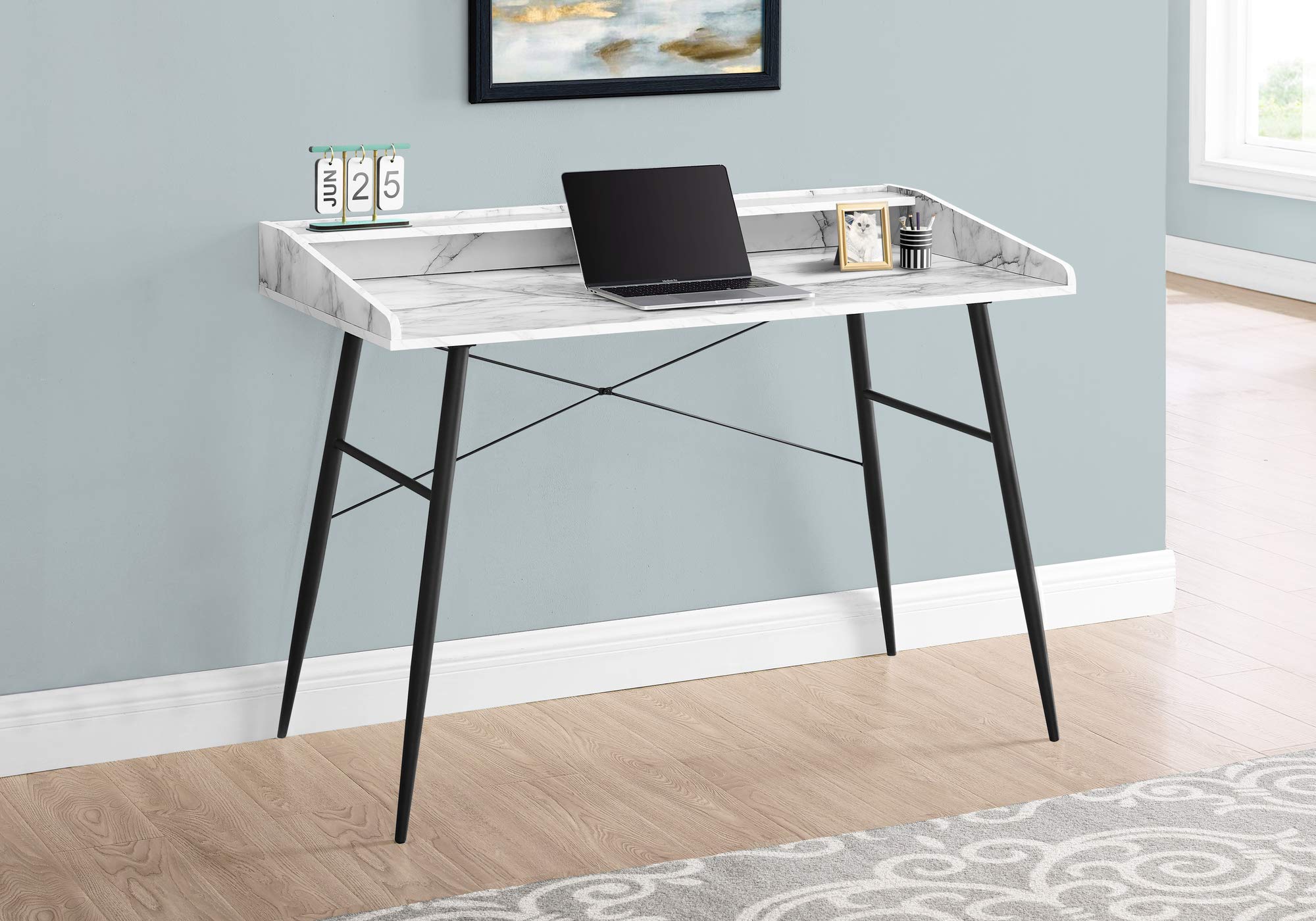 Monarch Specialties I 7539 Computer Desk, Home Office, Laptop, Storage Shelves, 48&quot; L, Work, Metal, Laminate, White Marble Look, Black, Contemporary, Modern