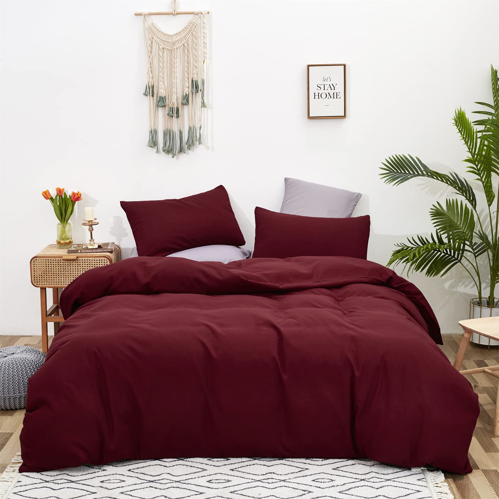 KAREVER Burgundy Comforter Full Size Dark Red Bedding Set Soft Pure Burgundy Comforter Set Durable Burgundy 3 PCs Bed Set 1 Comf