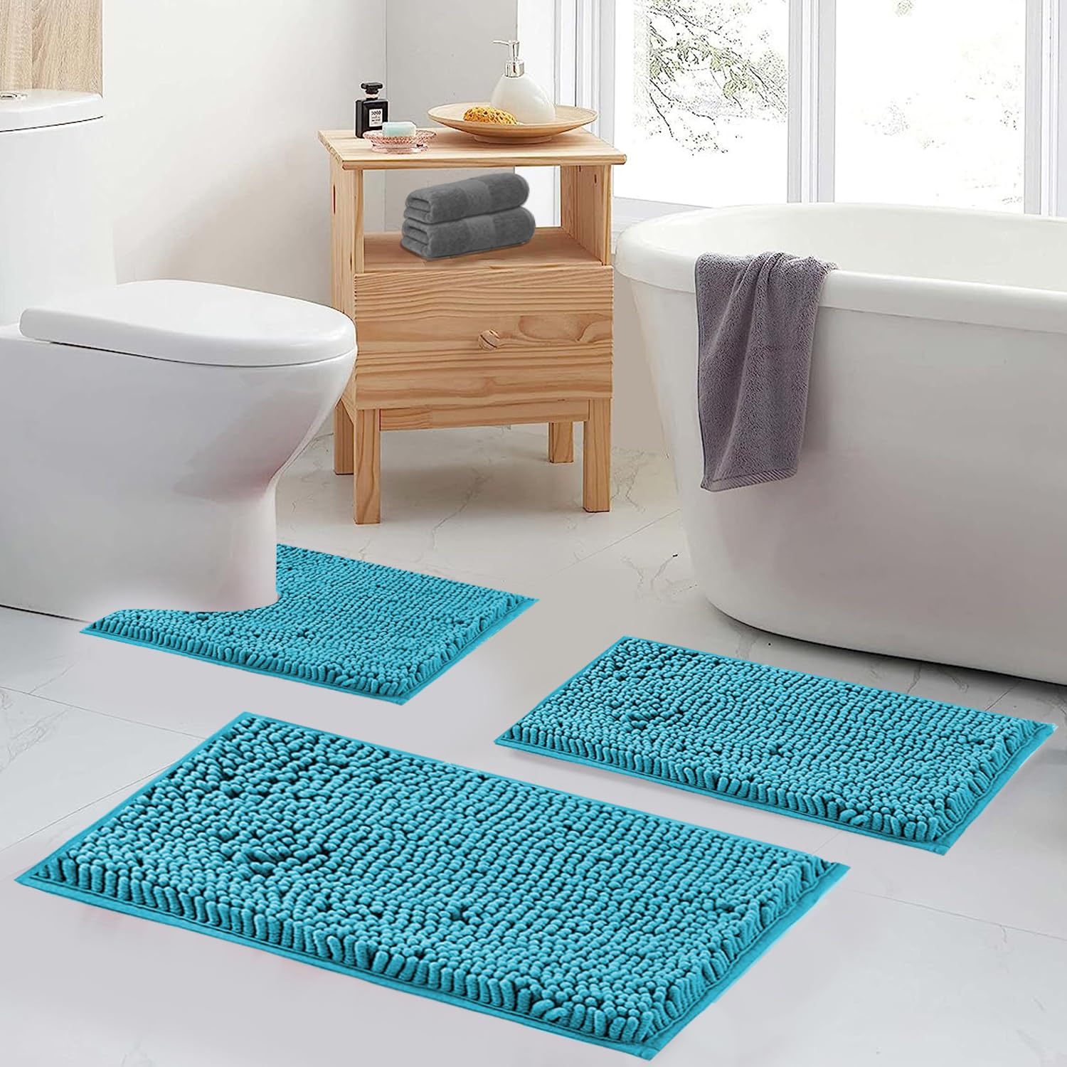 Teal Blue Bathroom Rugs Bath Mats For Bathroom Chenillen Bath Rug Set 2 Piece Non-Slip Bath Mats, Absorbent Shaggy Rugs, Machine