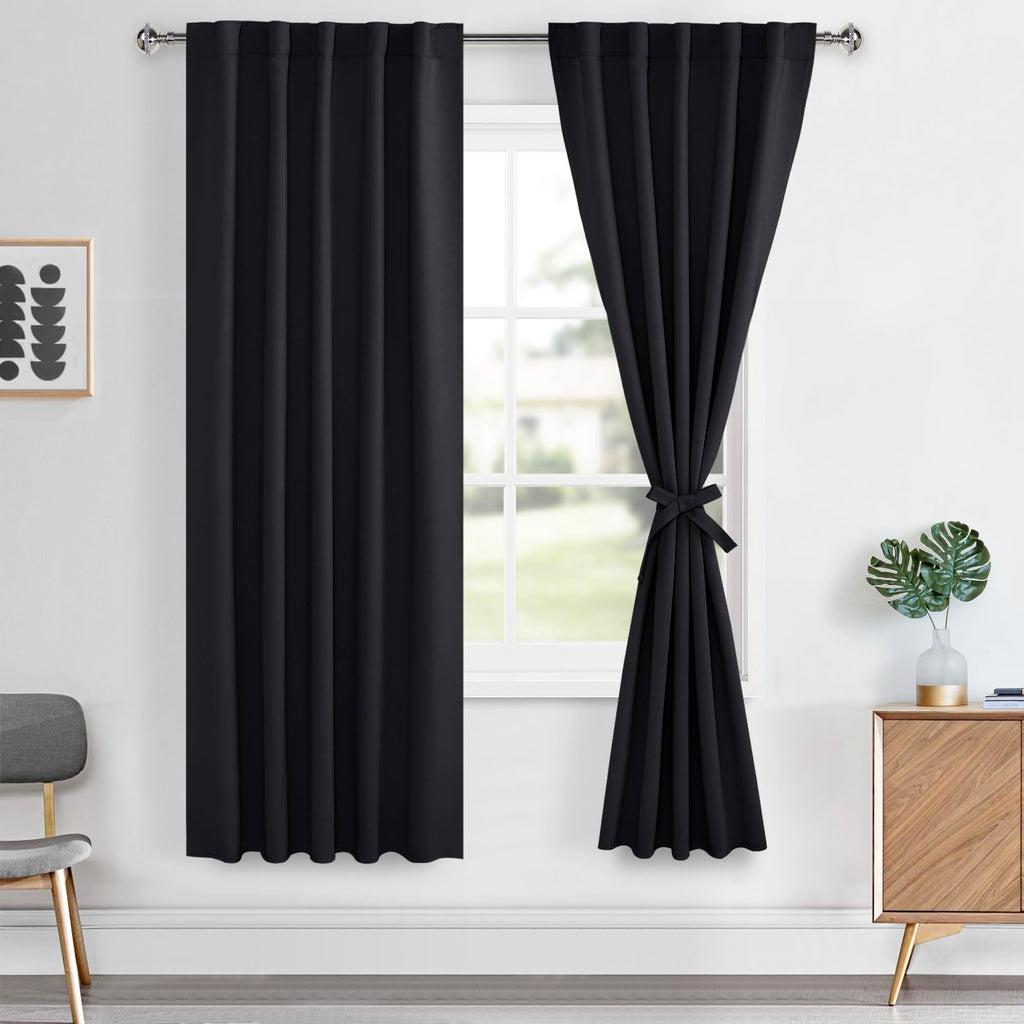 Hiasan Black Out Curtains 63 inch Long Sewn with Tiebacks, Rod Pocket & Back Tab Blackout Thermal Insulated Drapes, Room Darkeni