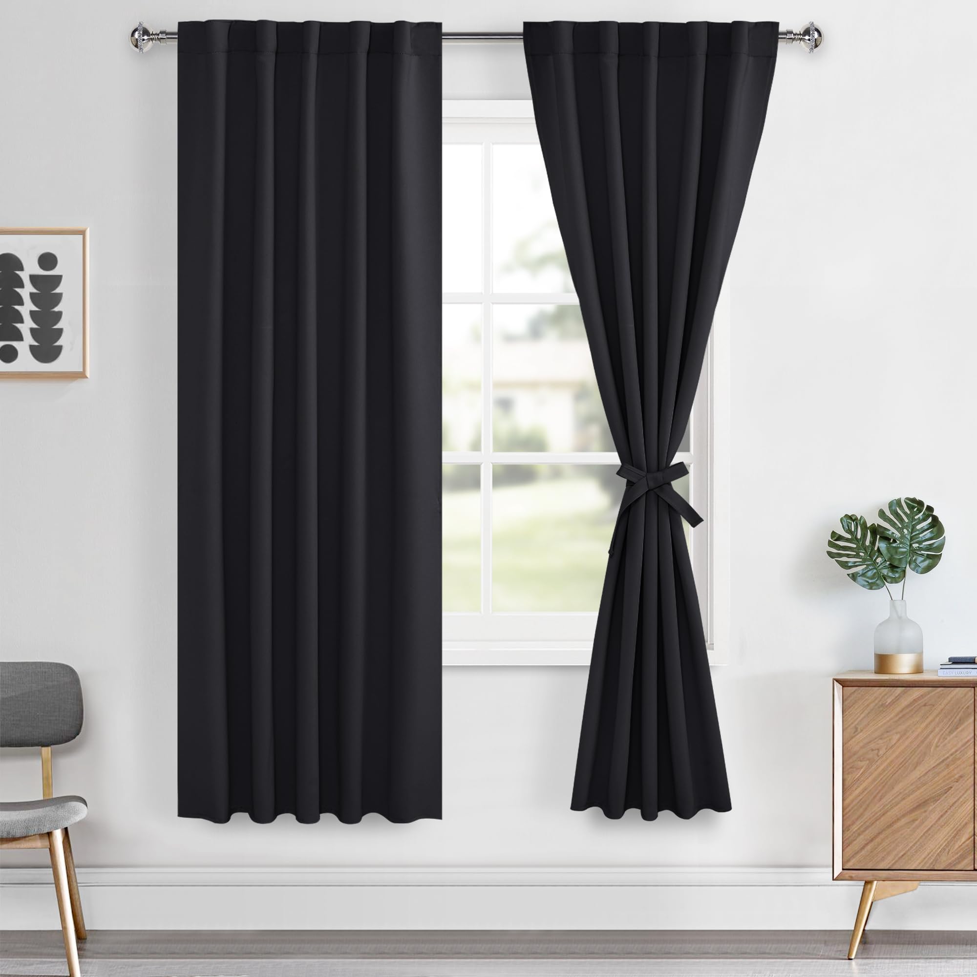 Hiasan Black Out Curtains 63 inch Long Sewn with Tiebacks, Rod Pocket & Back Tab Blackout Thermal Insulated Drapes, Room Darkeni