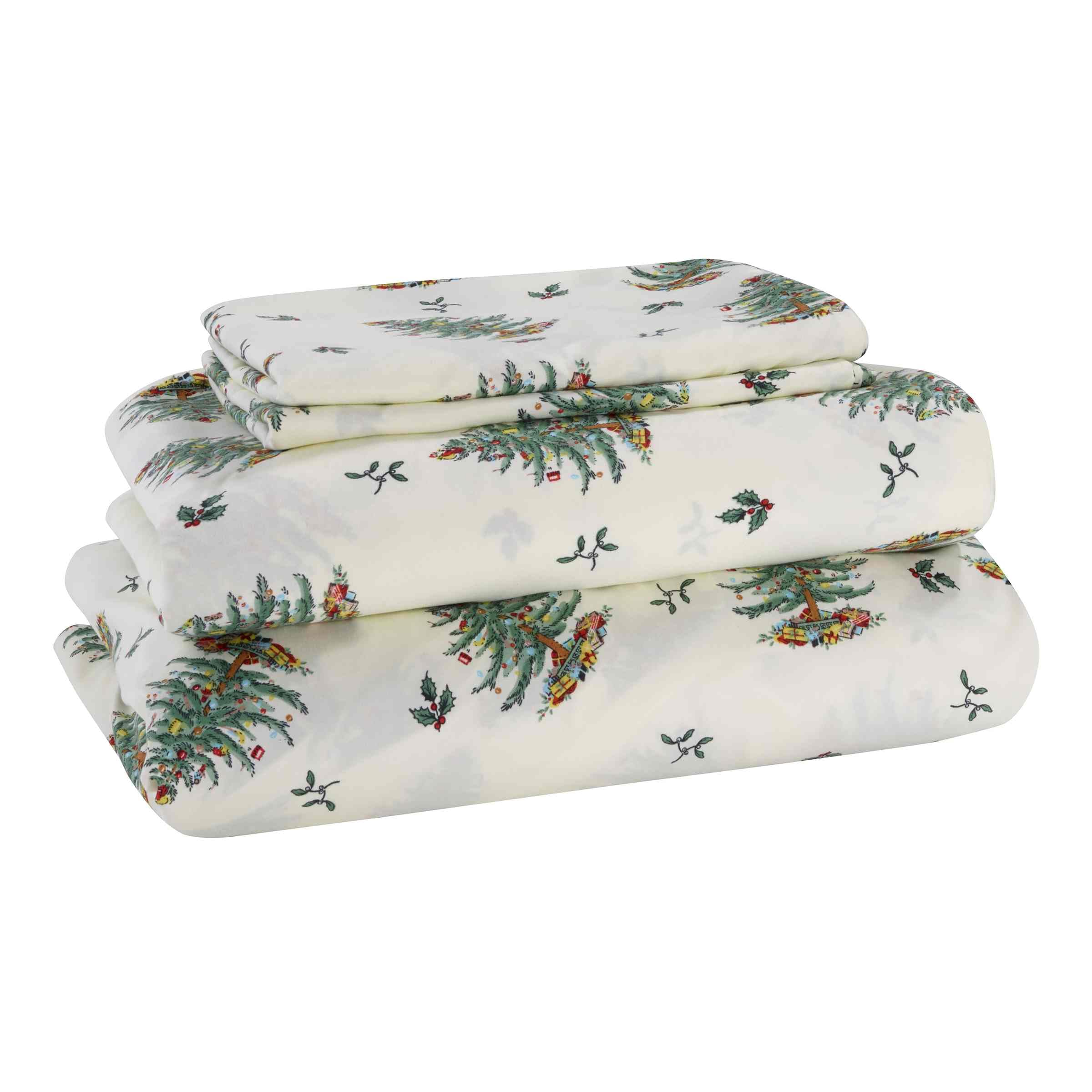 Spode - King Sheets, Cozy 4-Piece Set With Matching Pillowcases, Holiday Room Decor (Spode Christmas Tree Ivory, King)