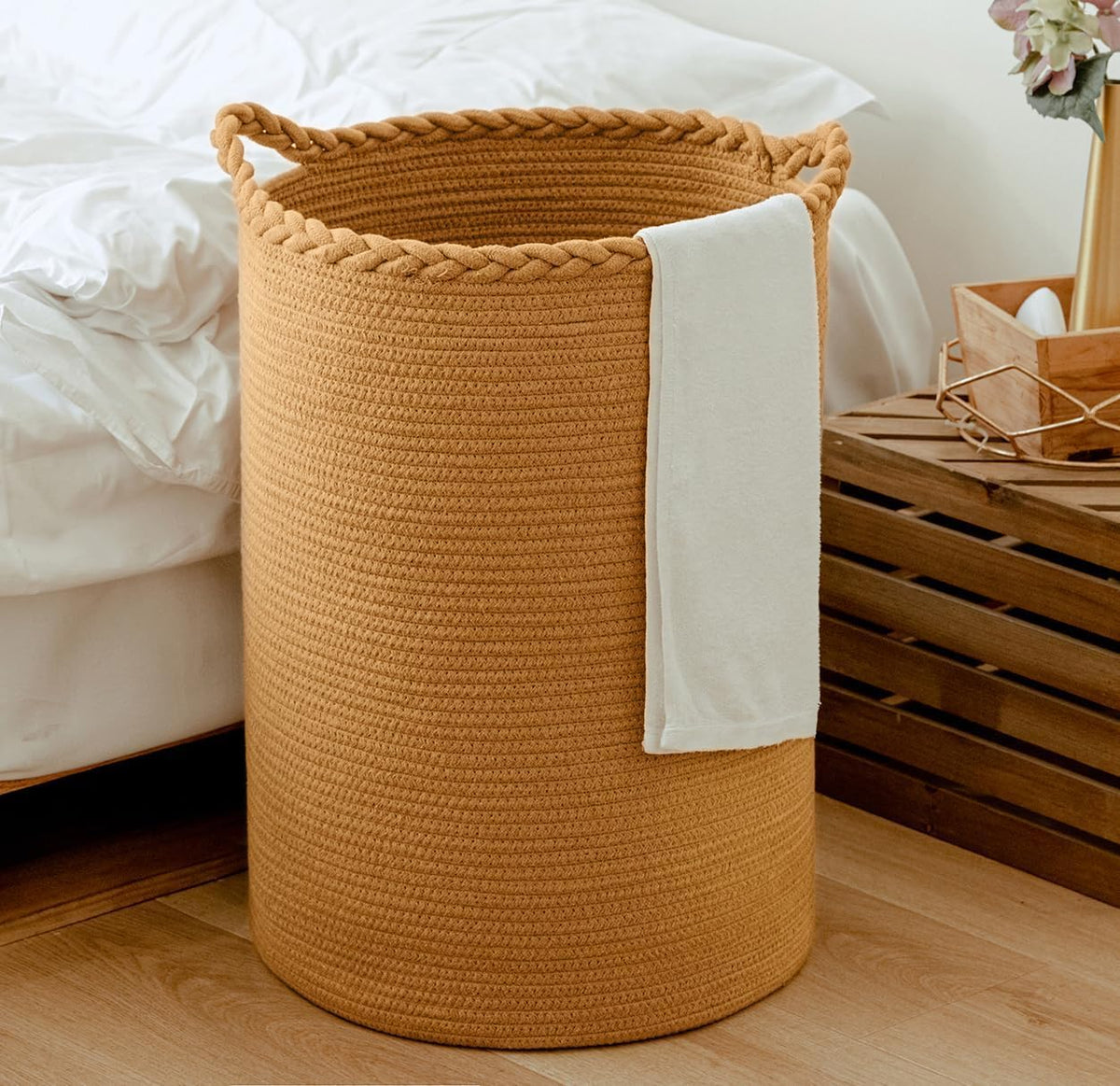 GLEAM 75L Woven Laundry Basket,Cotton Tall Laundry Hamper for Blankets,Clothes,Pillows,Toys,Shoes Large Laundry Bin 15 x 20 Inch
