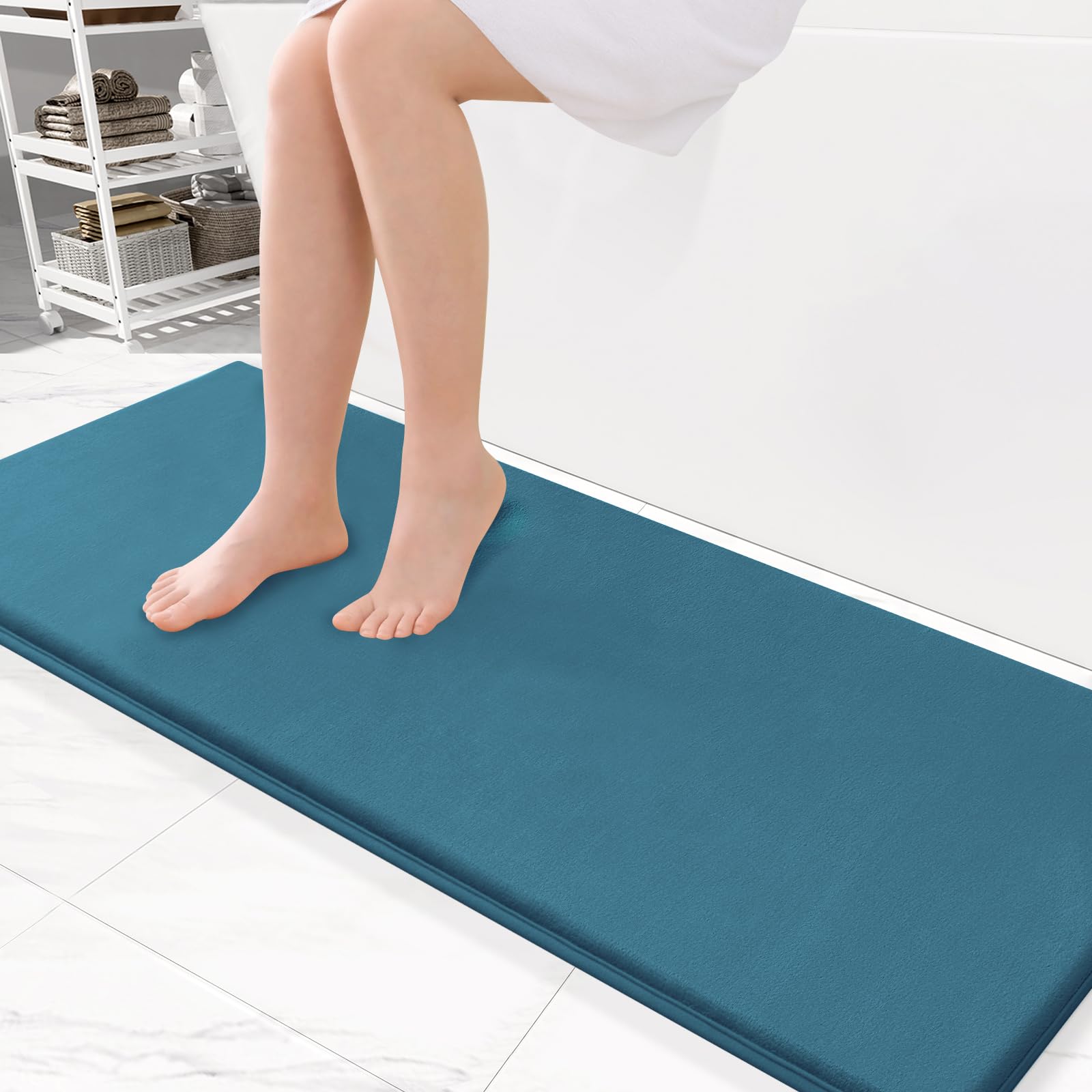 Smiry Memory Foam Bath Mat 47 x 17, Extra Soft Absorbent Bathroom Rugs Non Slip Bath Rug Runner for Shower Bathroom Floors, Peac