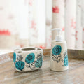 ExclusiveLane Aqua Bloom HandPainted Ceramic Bathroom Accessories Set of 2 (Liquid Soap Dispenser for Wash Basin, Paste & Too
