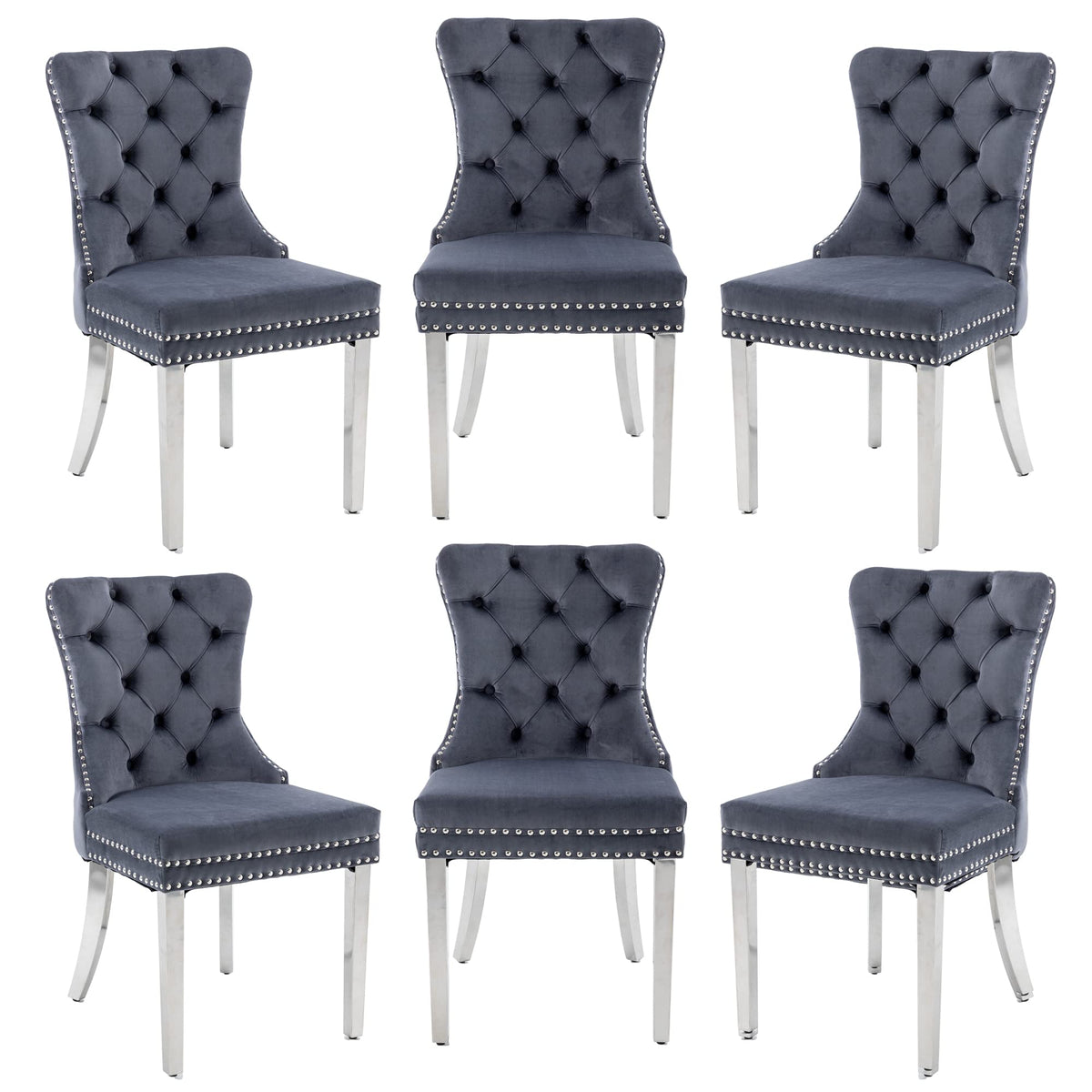 Goolon Dining Room Chairs Set Of 6, Tufted Velvet Chairs With Modern Stainless Steel Legs, Rivet Trim Metal Pull Ring Large Back