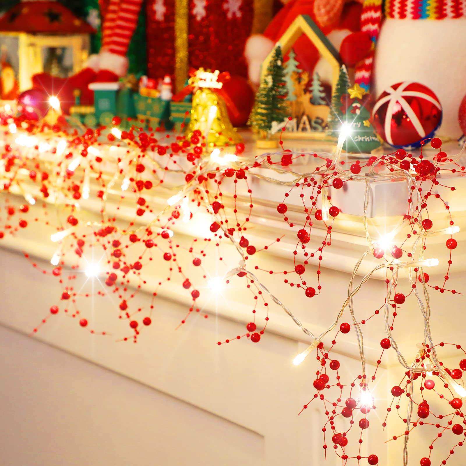 Riakrum 16.5 Feet Winter Berry Beaded Garland String Light Valentines Day Mantle Decor Acrylic Pearl Warm LED Lights Festive Li