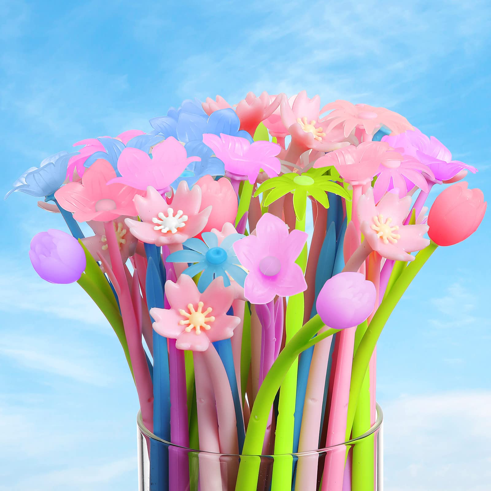 Fulmoon 60 Pcs Color Changing Flower Pens Ballpoint Pens Cherry Blossom Tulip Daisy And Daffodils Cute Pens 0.38 Mm 0.5 Mm Fun P