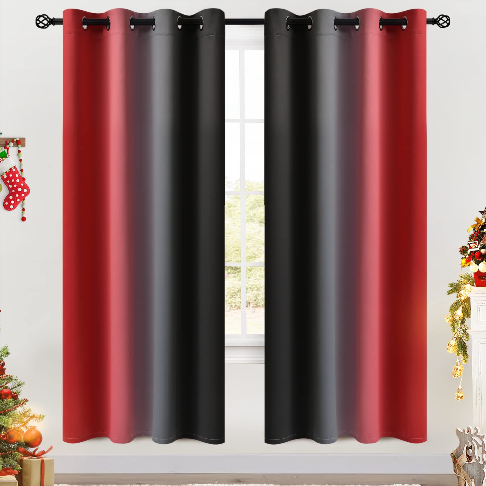 Cosviya Grommet Ombre Room Darkening Curtains 72 Inches Length For Kids Bedroom,Polyester Light Blocking Red And Black Gradient