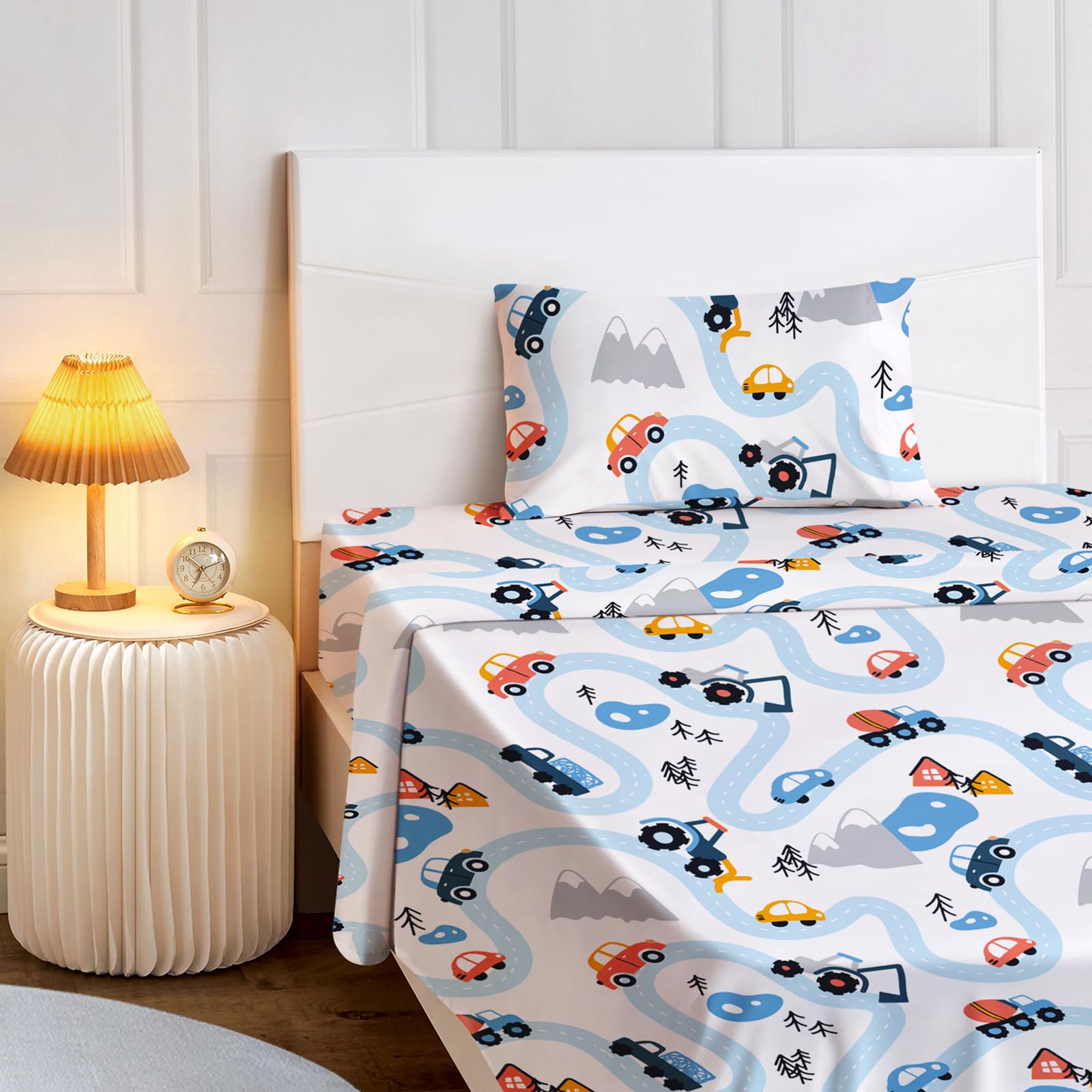 Bysure Twin Sheets Set Kids(Car Trace, Blue), 3 Pieces Easy Fit Deep Pocket Sheets Set, Breathable Wrinkle-Free Microfiber Beddi