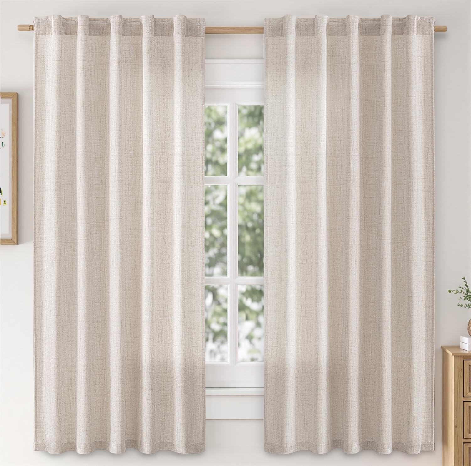 MIULEE Faux Linen Curtains 63 Inch Length 2 Panels Natural Beige Semi Sheer Curtain with Back Tab Rod Pocket, Light Filtering Wi