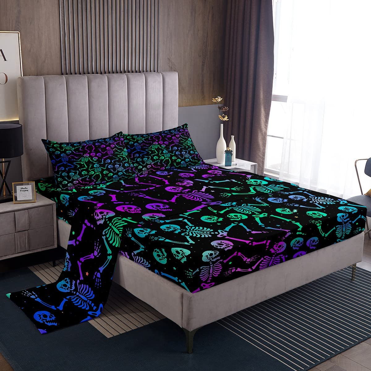 Erosebridal Sugar Skull Bed Sheets Halloween Sheet Set King Size Green Blue Purple Ombre Fitted Sheet for Kids Boys Girls Skelet