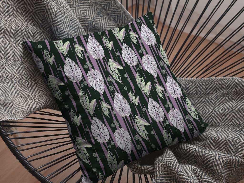 HomeRoots Purple and Dark Green 18â€ Black Purple Fall Leaves Suede Throw Pillow