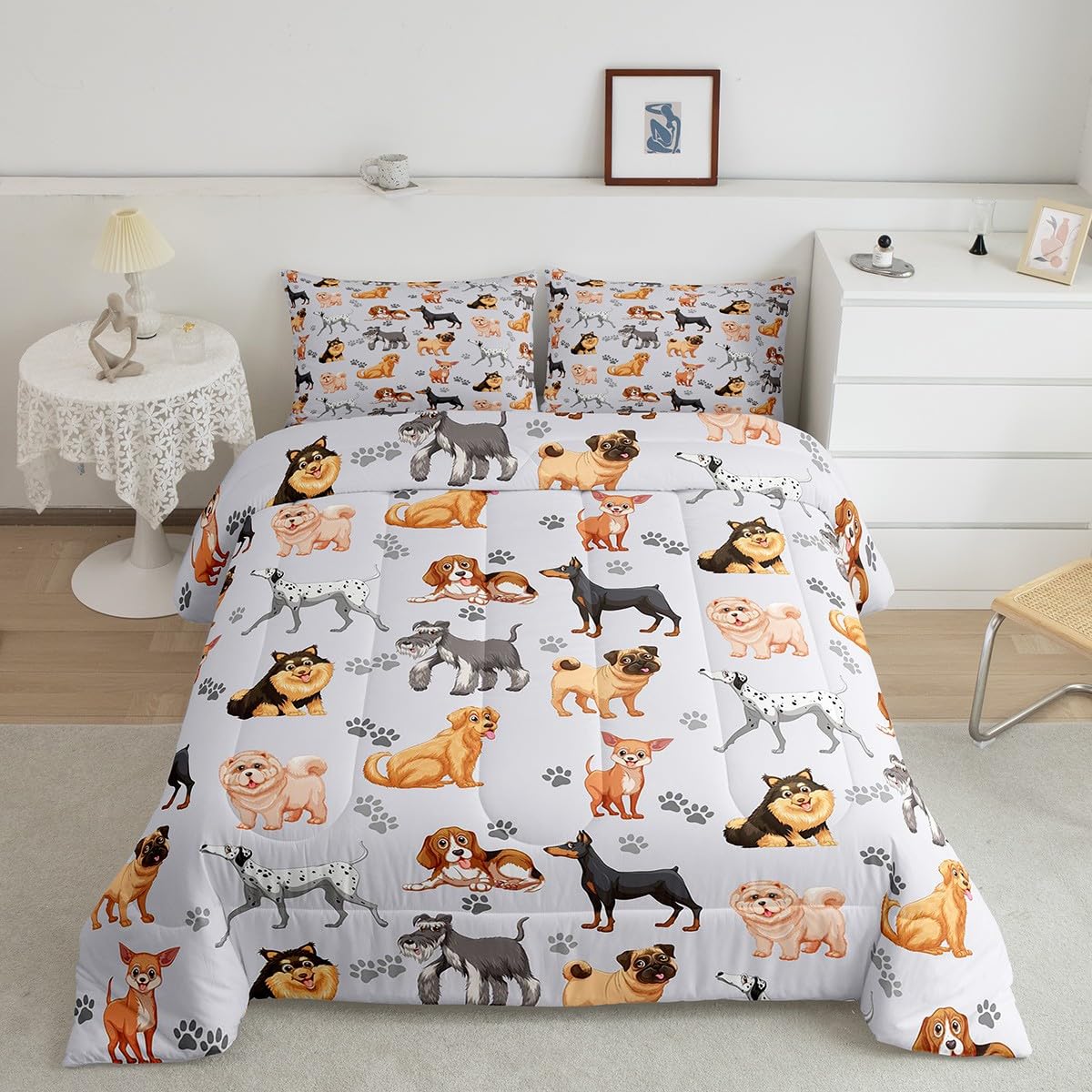 Kids Cute Dog Comforter Set Toddler Cartoon Dogs Bedding Set For Boys Girls Children Pet Dog Puppy Animal Lover Comforter Lovely