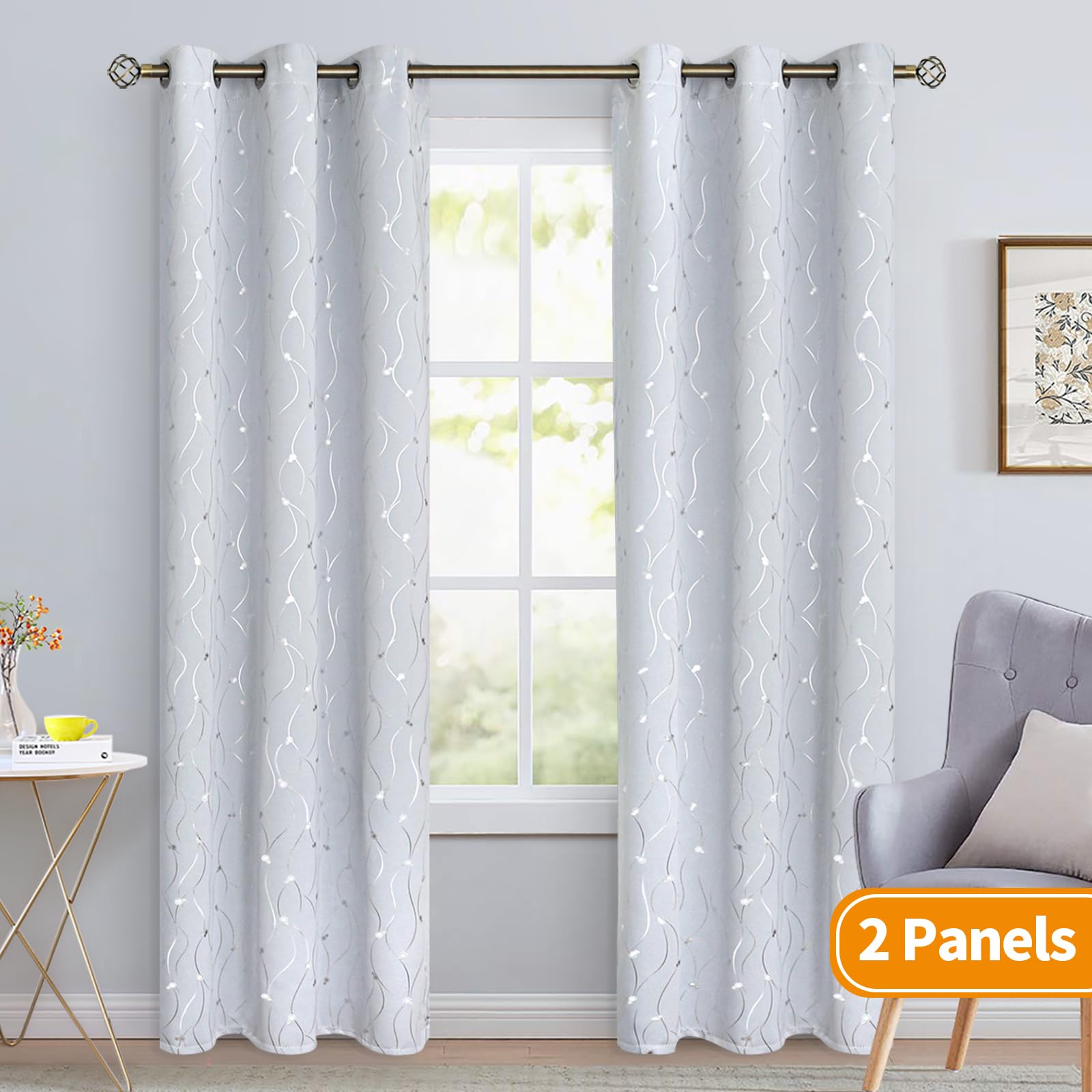 Bgment Room Darkening Curtains 84 Inches Long, Grommet Thermal Insulated Blackout Curtains With Wave Line And Dots Printed For Bedroom, 2 Panels, Each 38 X 84 Inch, Greyish White