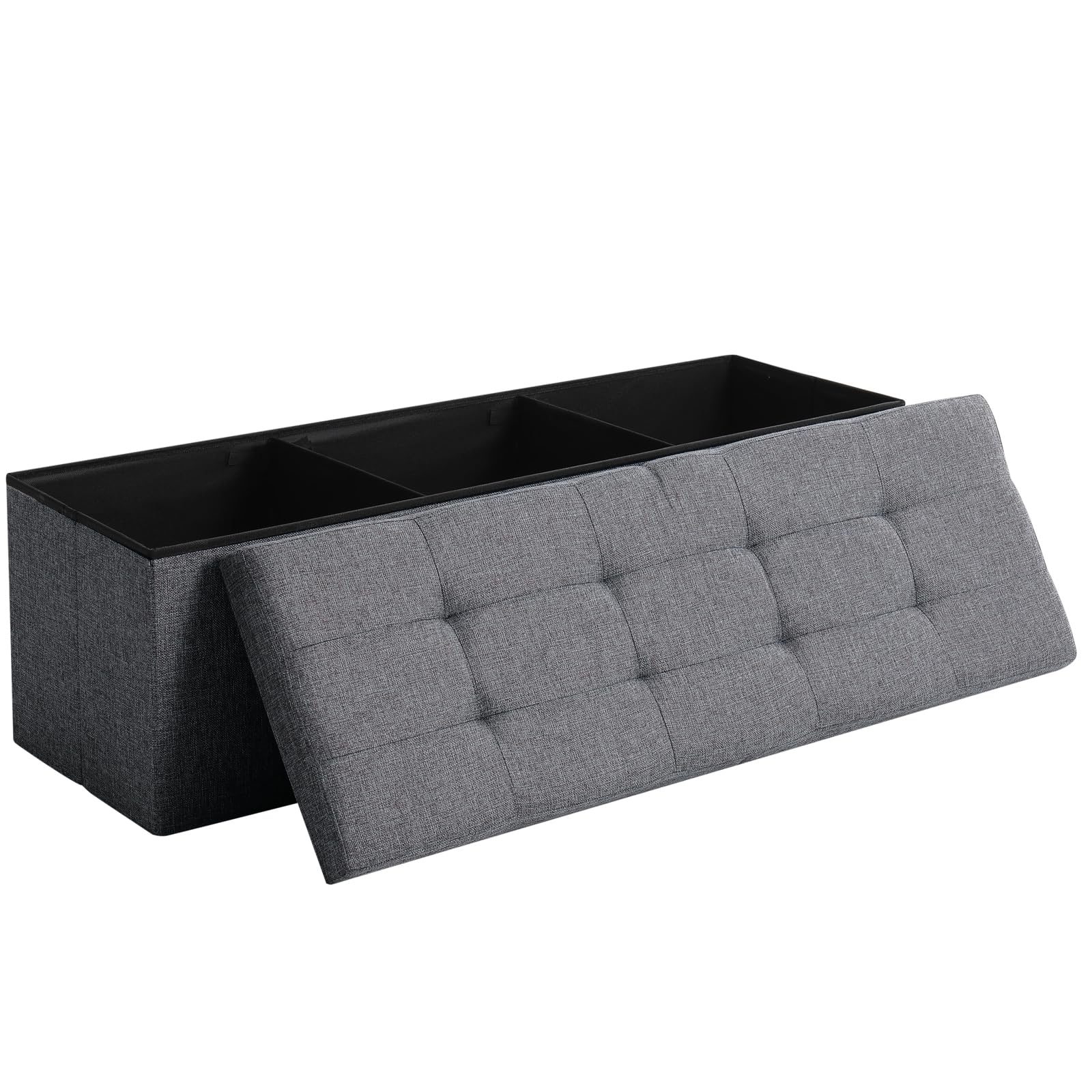Cuyoca 45.3 Inches Storage Ottoman Bench Foldable Seat Footrest Shoe Bench End Of Bed Storage With Flipping Lid, 166L Storage Space, Linen Fabric Dark Gray