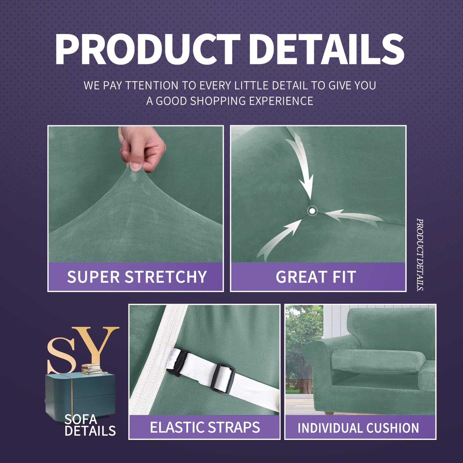 Znsayotx Luxury Velvet Sofa Cover 3 Piece (57'-70') Stretch Loveseat Covers For 2 Cushion Couch Thick Soft Couch Slipcover With Non Slip Strap, Dog Pet Friendly Nice Furniture Protector (Pea Green)