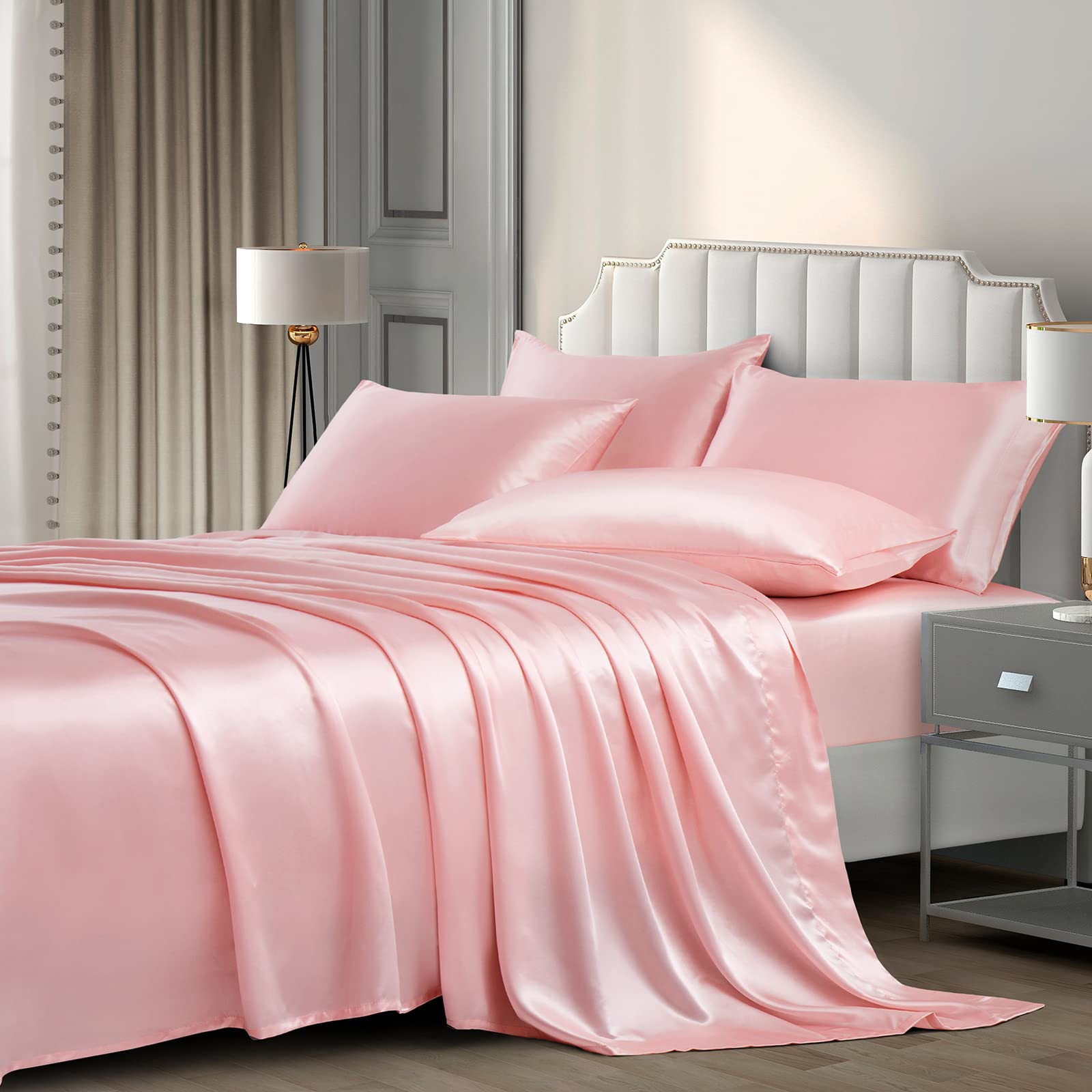 P Pothuiny Satin Sheets Queen (6 Pieces, Blush Pink) - Luxury Silky Satin Bed Sheets Queen Bedding Set, Extra Soft Satin Sheet S