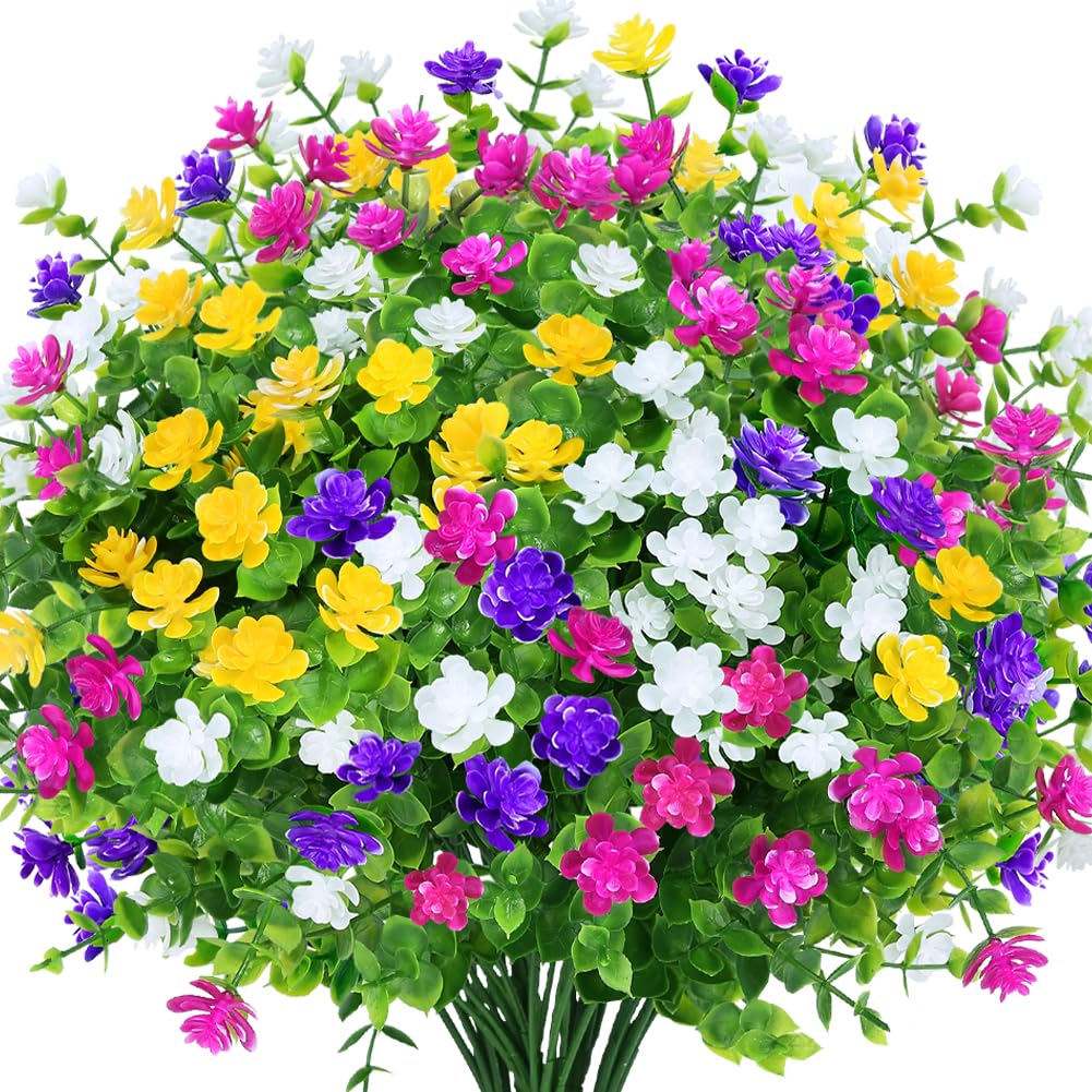 KLEMOO 8 Bundles Outdoor Artificial Fake Flowers UV Resistant No Fade Boxwood Faux Plastic Shrubs Plants for Garden Patio Porch 