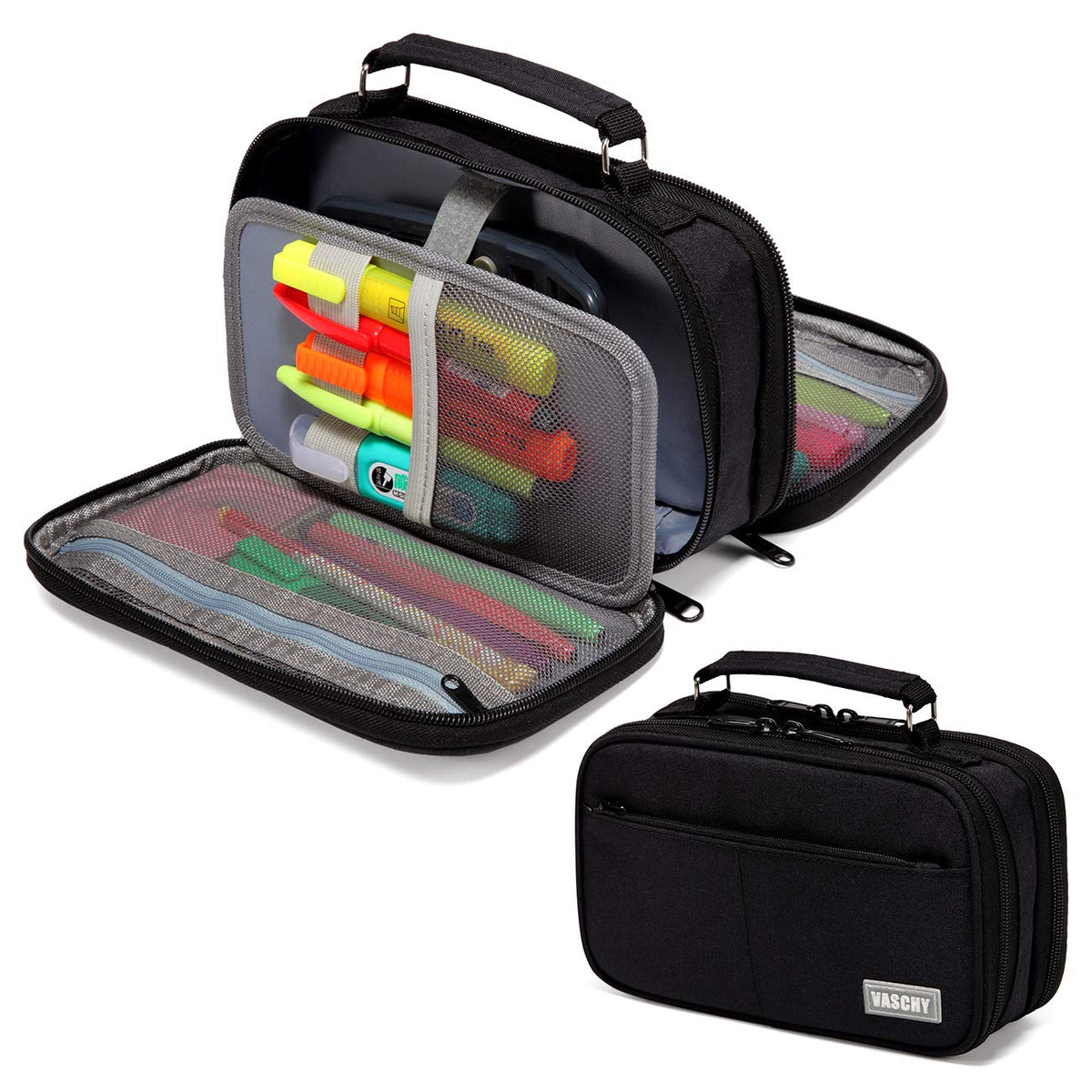 Vaschy Pencil Case, Large Pencil Pouch With Compartments For Middle School,Work,Office Pen Organizer Holder School Supply Black