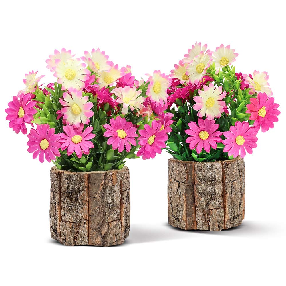 AceList Artificial Flowers Fake Daisy for Decoration, Small Potted Plants in Log Planters, Pink Daisies Table Centerpieces for M