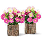AceList Artificial Flowers Fake Daisy for Decoration, Small Potted Plants in Log Planters, Pink Daisies Table Centerpieces for M