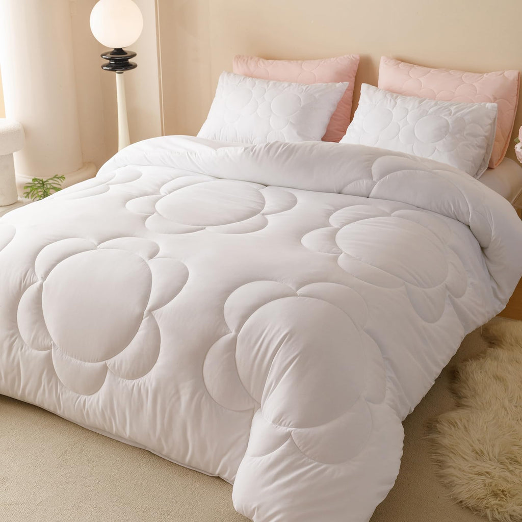 Luxlovery White Sunflower Comforter Set King Boho Floral Farmhouse Bedding Comforter Set King Size Elegant Big Flower Printed So
