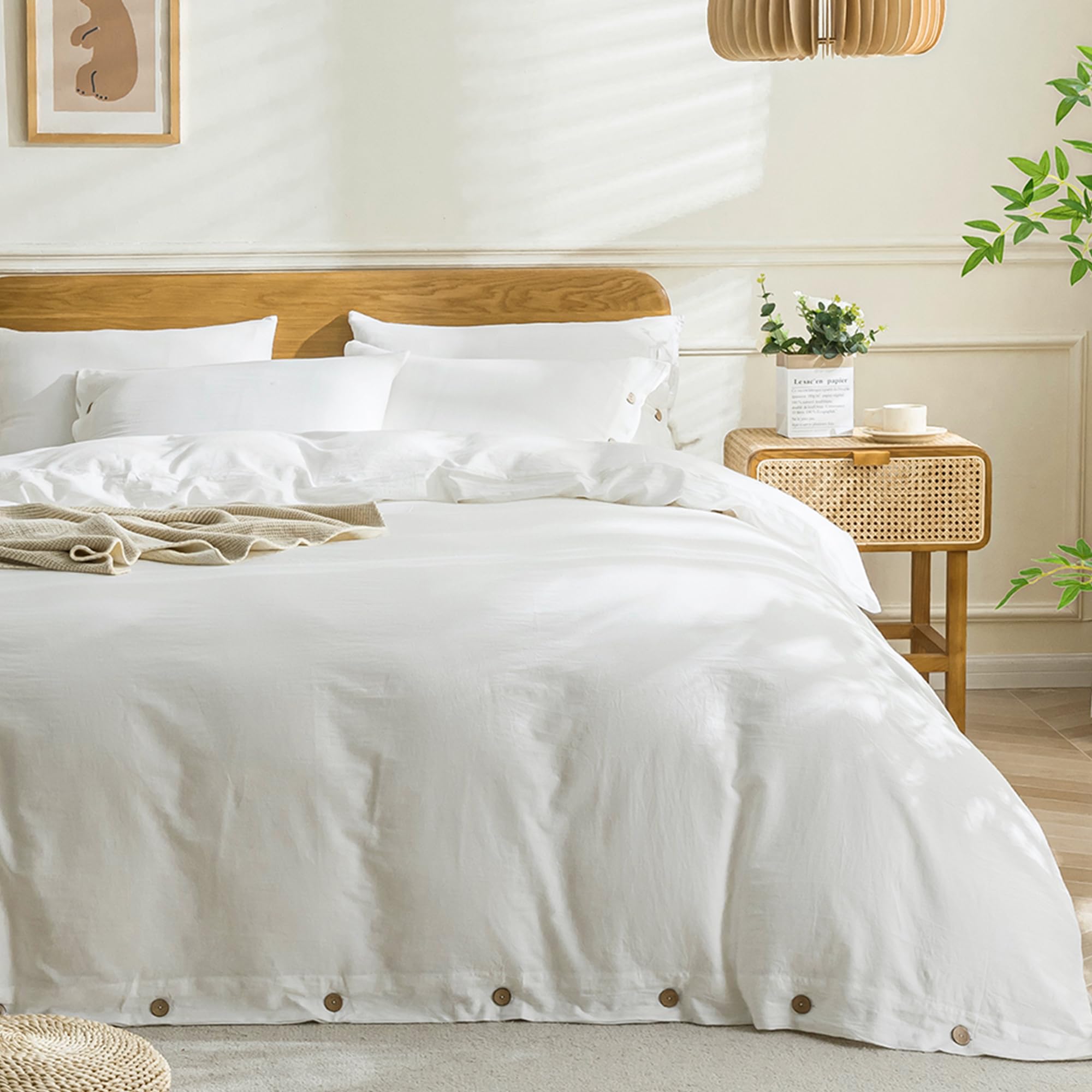 Jellymoni Cotton White Duvet Cover Set - 100% Washed Cotton Linen Like Textured Oversized King Comforter Cover, 3 Pieces Soft Be