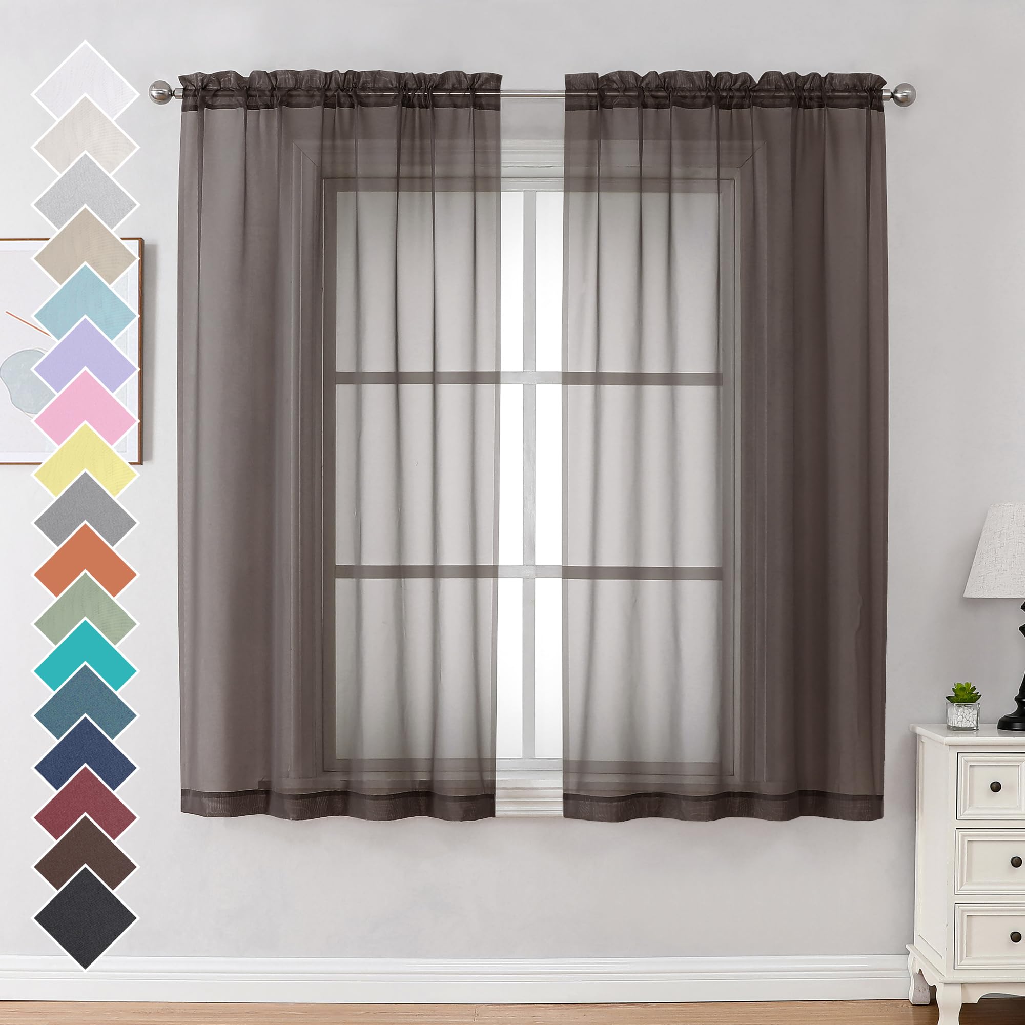 Ovzme 2 Panels Sheer Curtains 63 Inches Long Light Weight Soft Voile Drapes, Window Curtain Sheers Elegant Rod Pocket Top For Ba