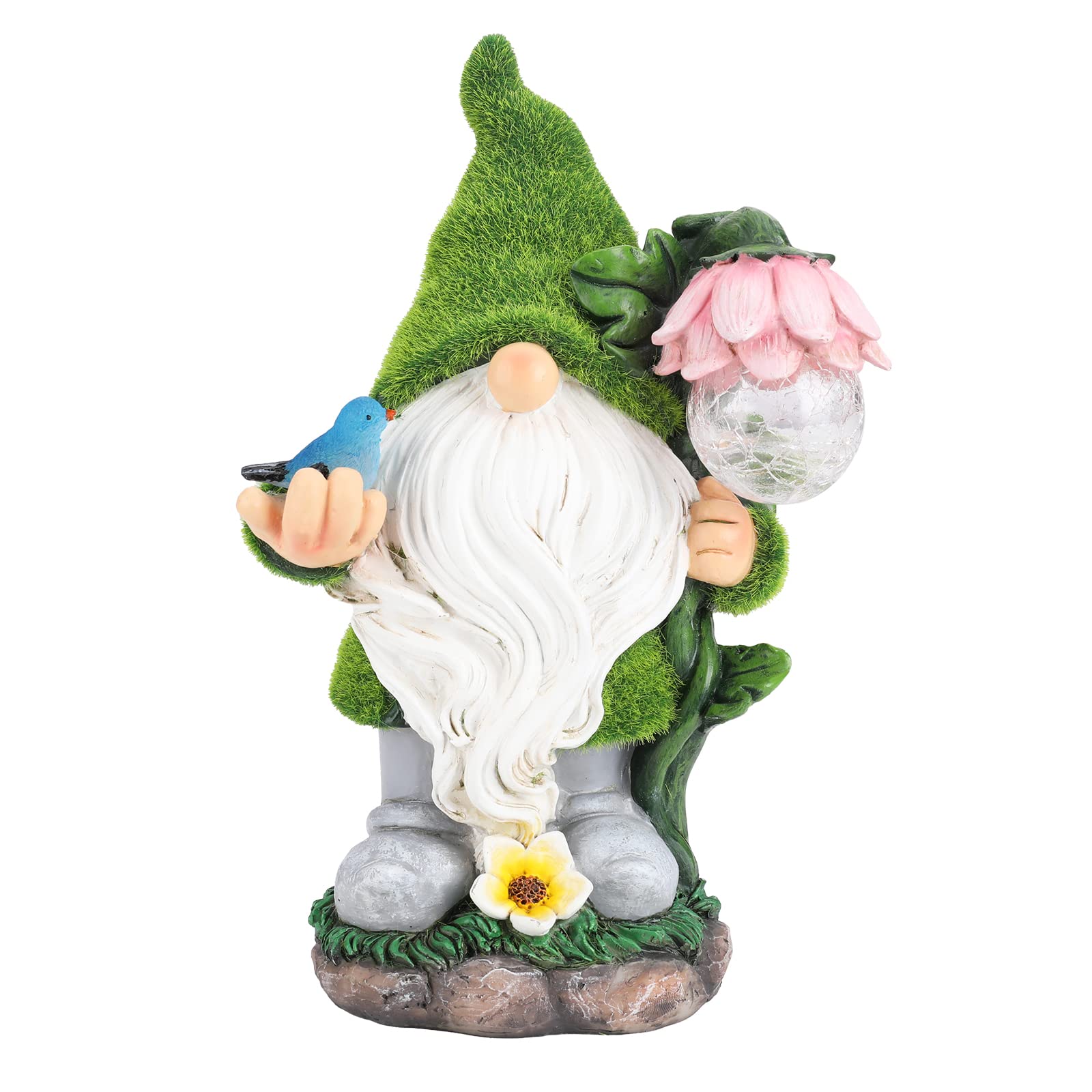 Ovewios Garden Gnome Statue - Funny Gnome Decoration Hold Flower With Solar Crackle Glass Globe Lights, Resin Gnome Figurine Orn