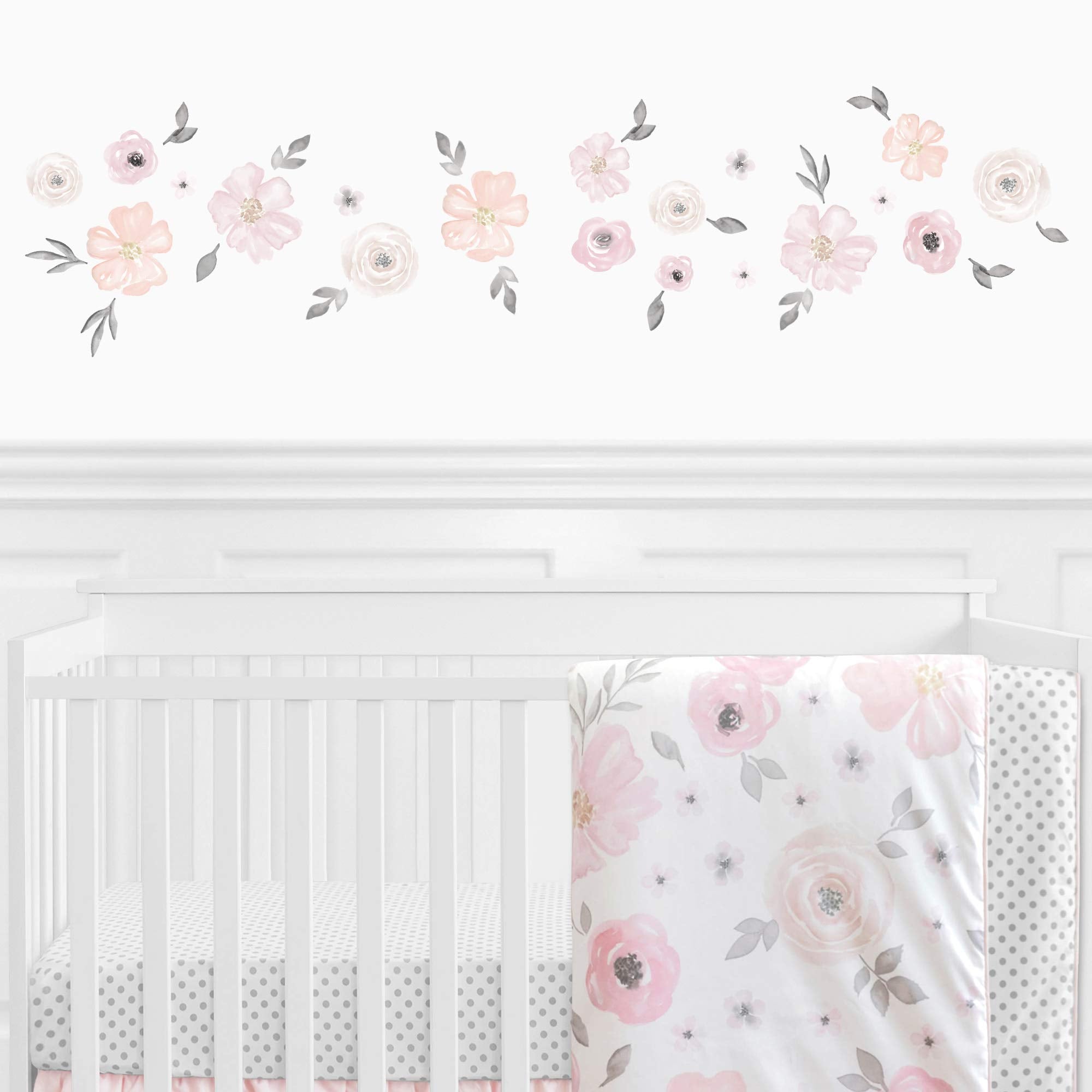 Blush Pink, Grey and White Wall Decal Stickers for Watercolor Floral Collection by Sweet Jojo Designs - Set of 4 Sheets
