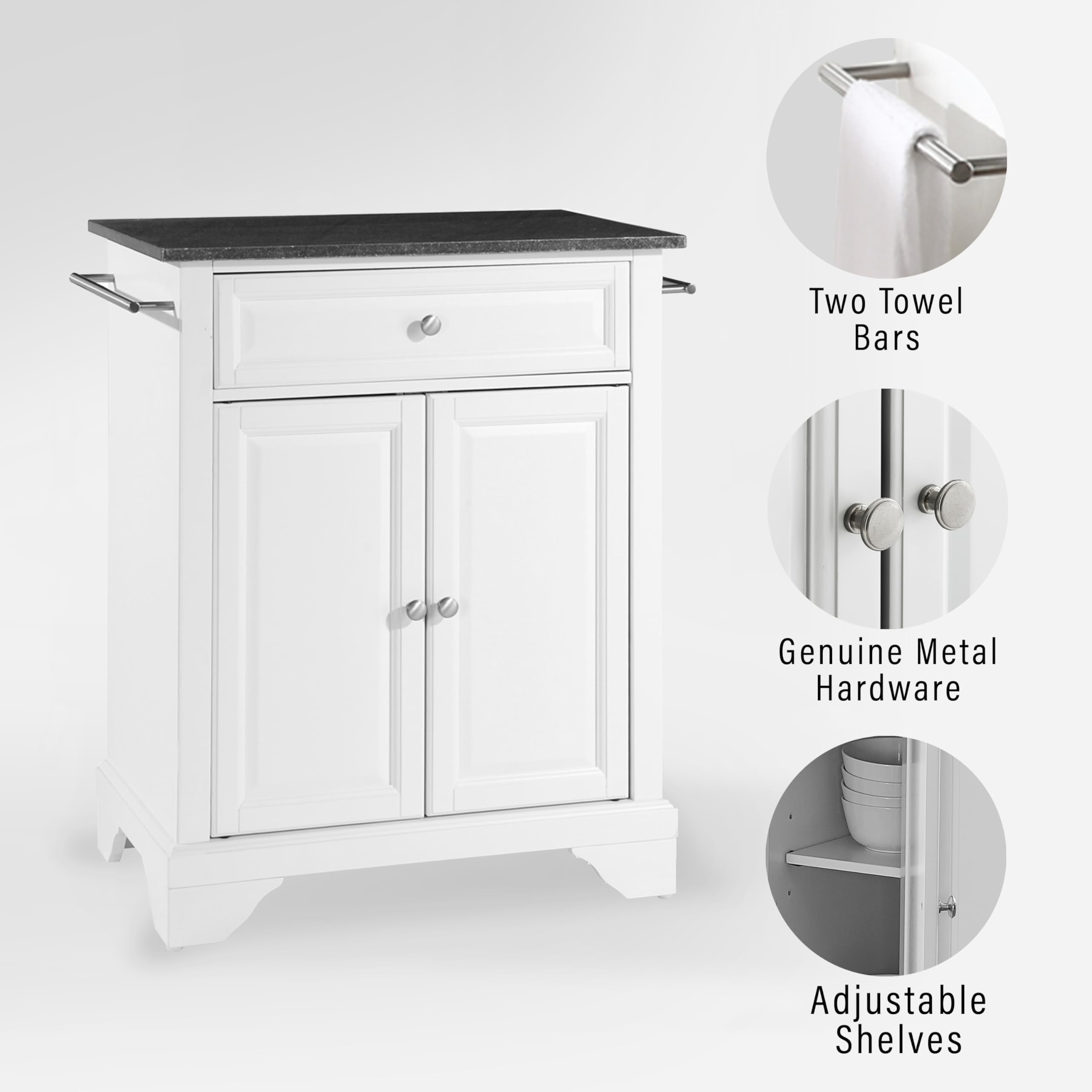 Crosley Furniture Lafayette Granite Top Small Portable Rolling Kitchen Island Storage Cart, Microwave Stand, White