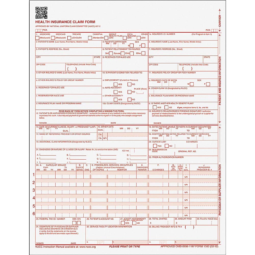 Tops Cms-1500 Health Insurance Claim Forms For Laser Printer, 8.5 X 11 Inches, 250 Sheets Per Pack (50135Rv),White