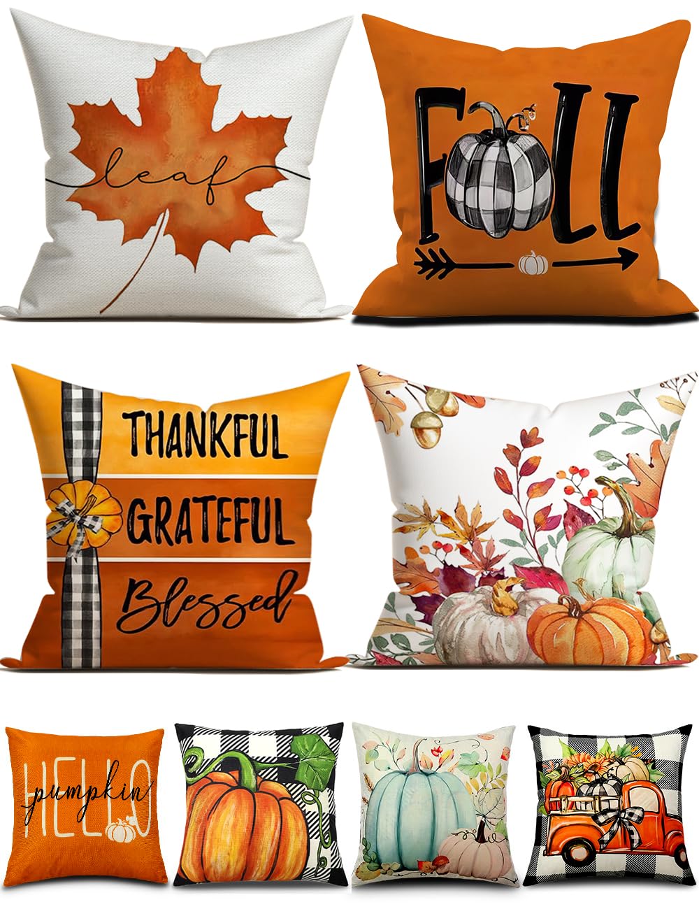 Fall Decorations Pillow Covers Double-Side Printing 18' X 18' Set Of 4, Pumpkins Thankful Blessed Buffalo Plaid Fallen Leaves