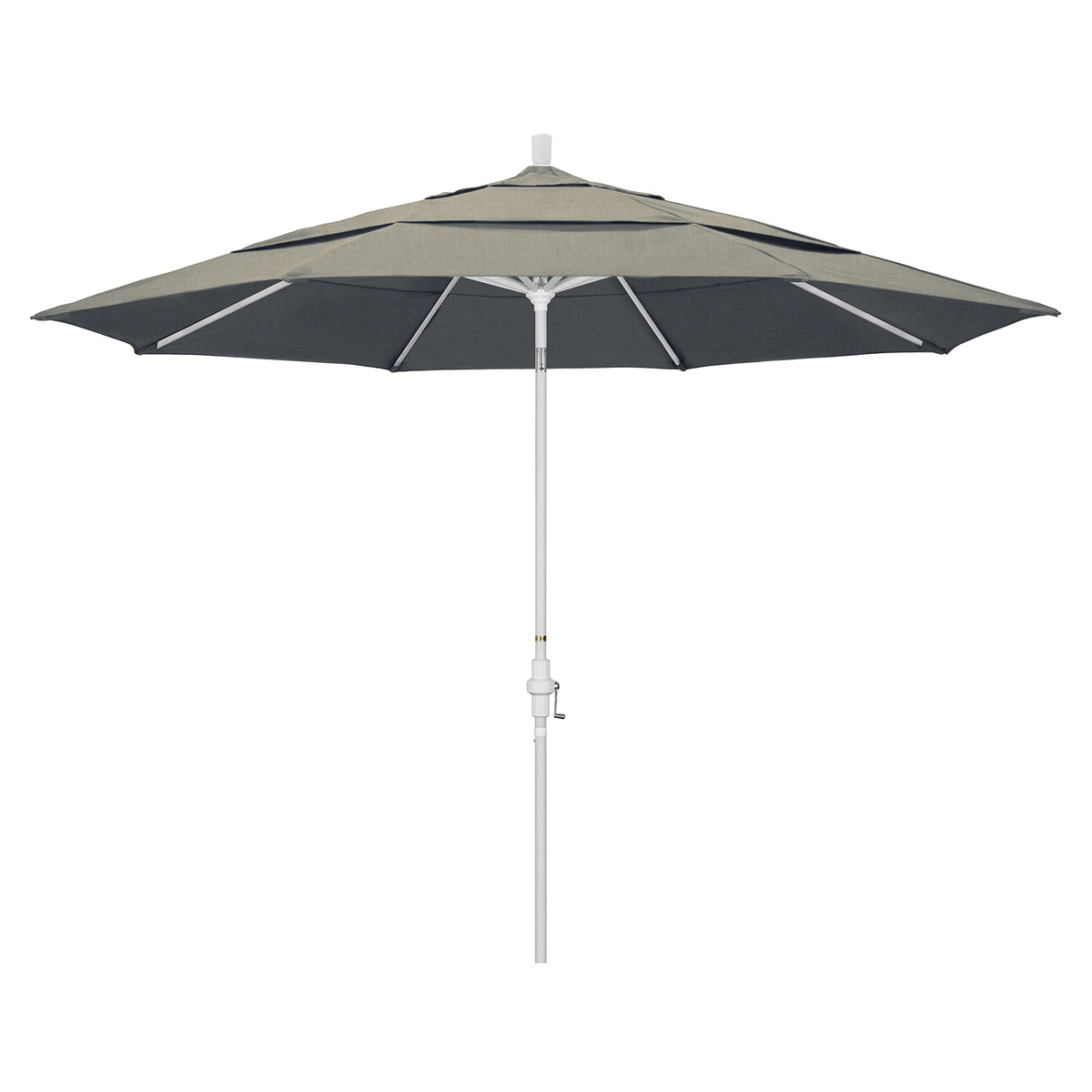California Umbrella 11' Round Aluminum Market Umbrella, Crank Lift, Collar Tilt, White Pole, Sunbrella Spectrum Dove