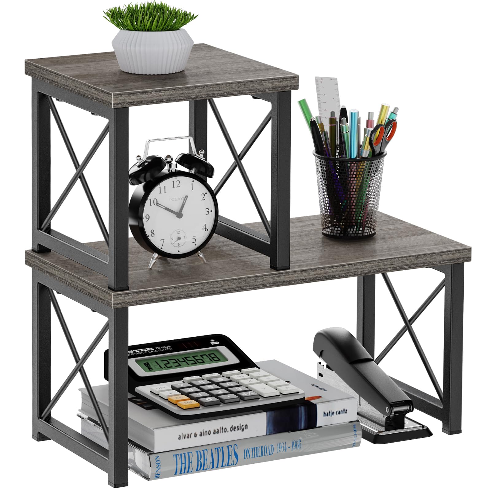 Honiter Wood Desktop Shelf, Office Desktop Storage Rack Wood Display Shelf, 2 Tier Adjustable Stackable Office Supplies Desk Org