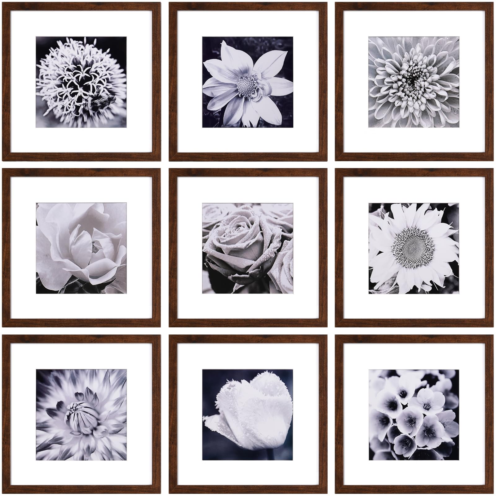 Yaetm 12x12 Picture Frame Set of 9, Brown Wood Grain Square 12x12 Frame, Displays 8x8 with Mat or 12 x 12 without Mat, Gallery W