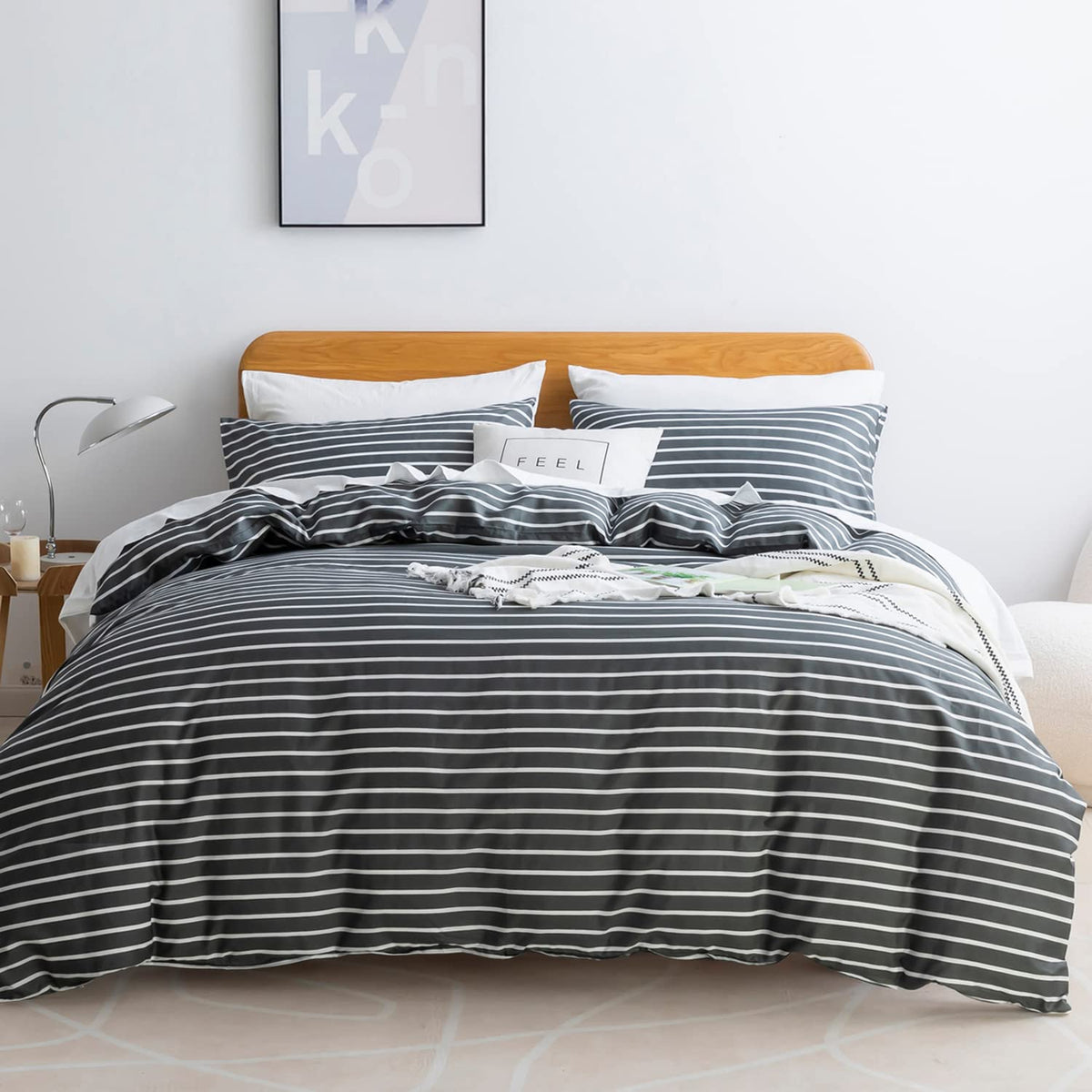 Jellymoni 100% Natural Cotton 3Pcs Striped Duvet Cover Sets, Dark Grey Duvet Cover With White Stripes Pattern Printed Comforter