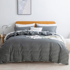Jellymoni 100% Natural Cotton 3Pcs Striped Duvet Cover Sets, Dark Grey Duvet Cover With White Stripes Pattern Printed Comforter